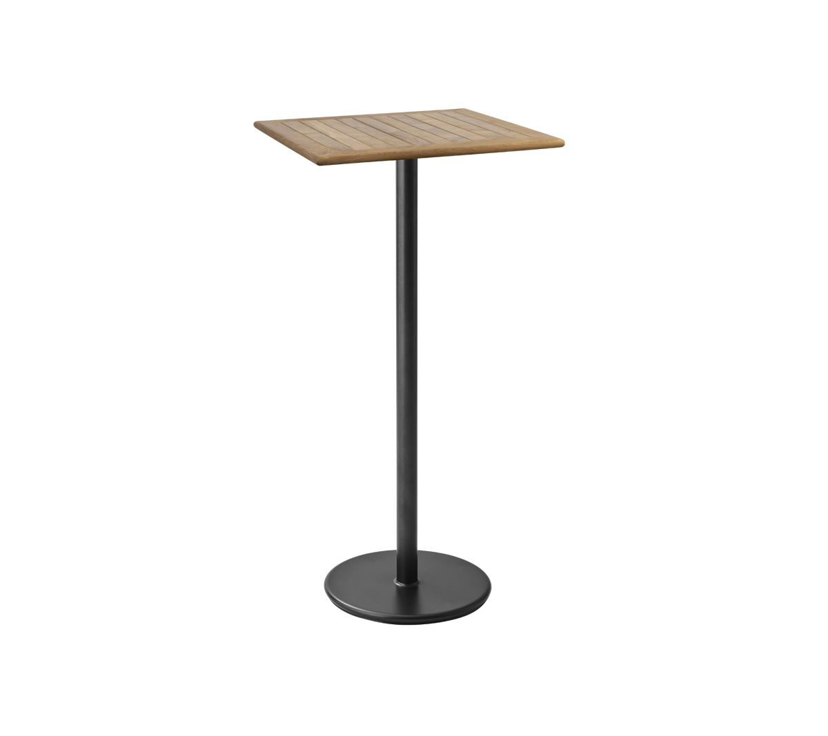 Una mesa elegante y moderna con una cima cuadrada de madera y una base de metal negro resistente, perfecta para comidas informales o bebidas.