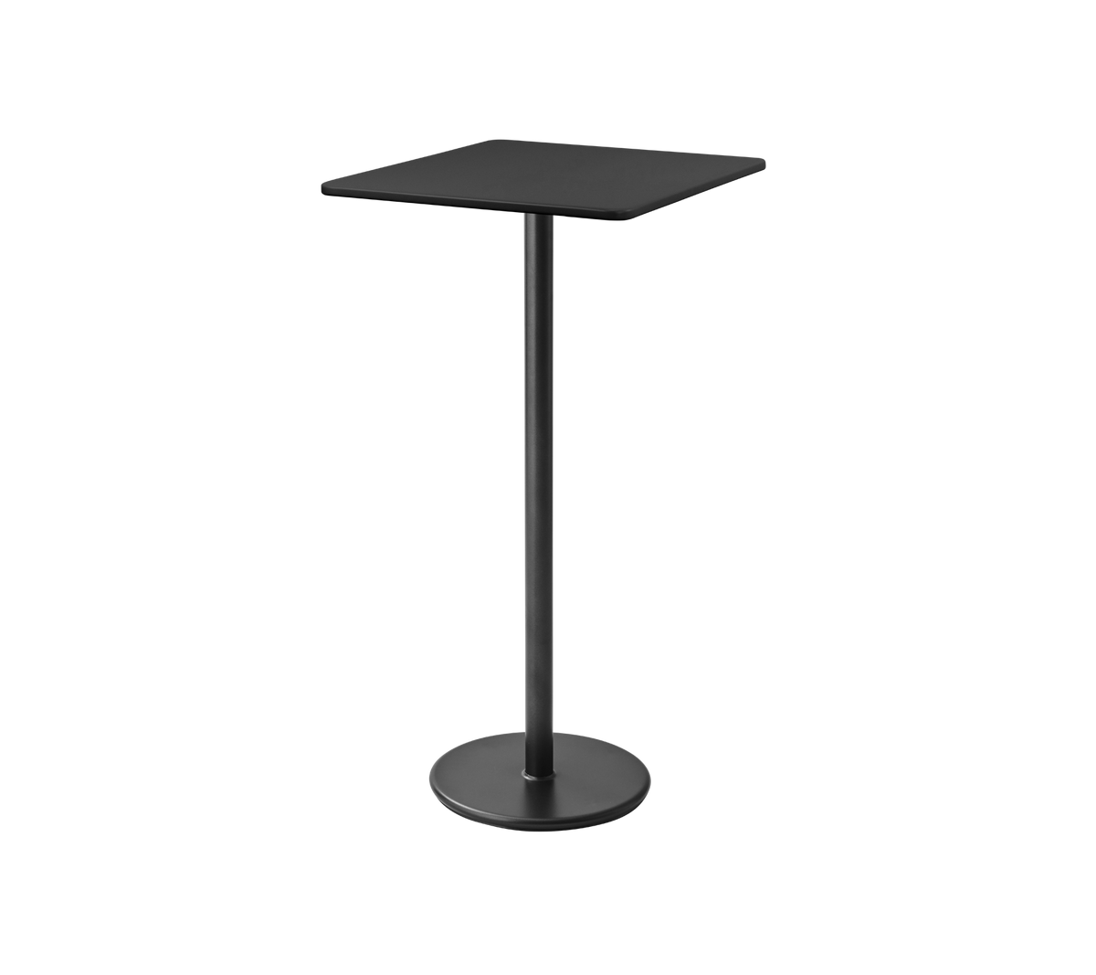 Mesa pedestal negra y moderna con una tapa cuadrada y una base circular robusta, ideal para comidas informales o reuniones.
