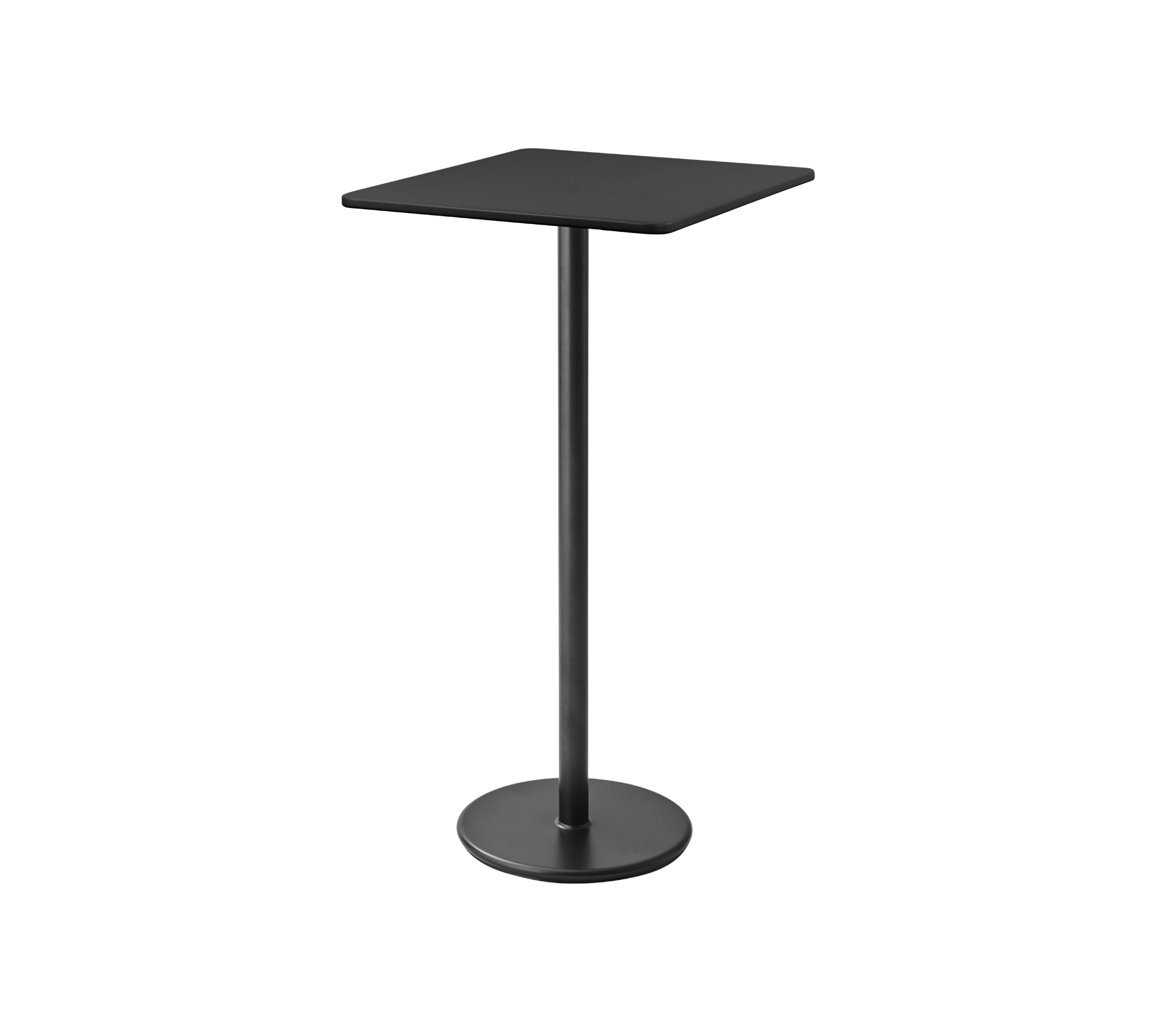 Mesa pedestal negra y moderna con una tapa cuadrada y una base circular robusta, ideal para comidas informales o reuniones.