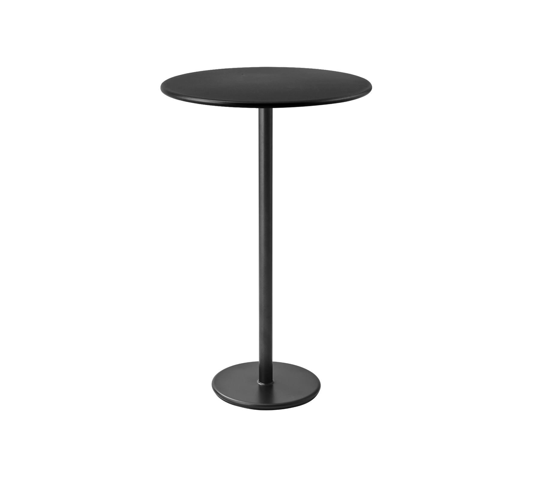 Mesa de bar negra elegante con una parte superior redonda y una base circular resistente, perfecta para entornos elegantes.