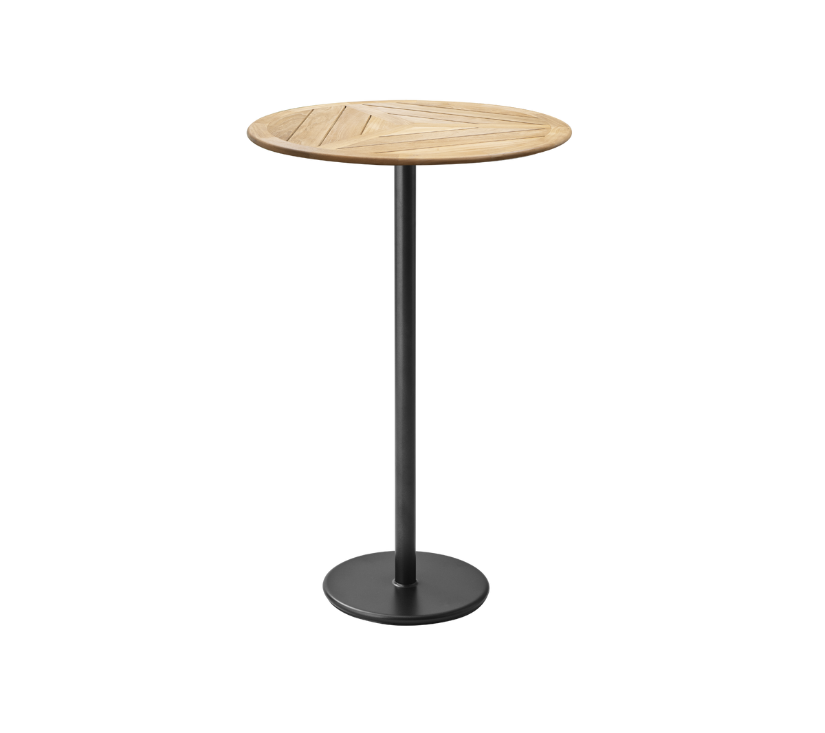 Mesa redonda de madera con una tapa de listones, sustentada por una base de metal negro elegante. Ideal para cenas informales o reuniones sociales.