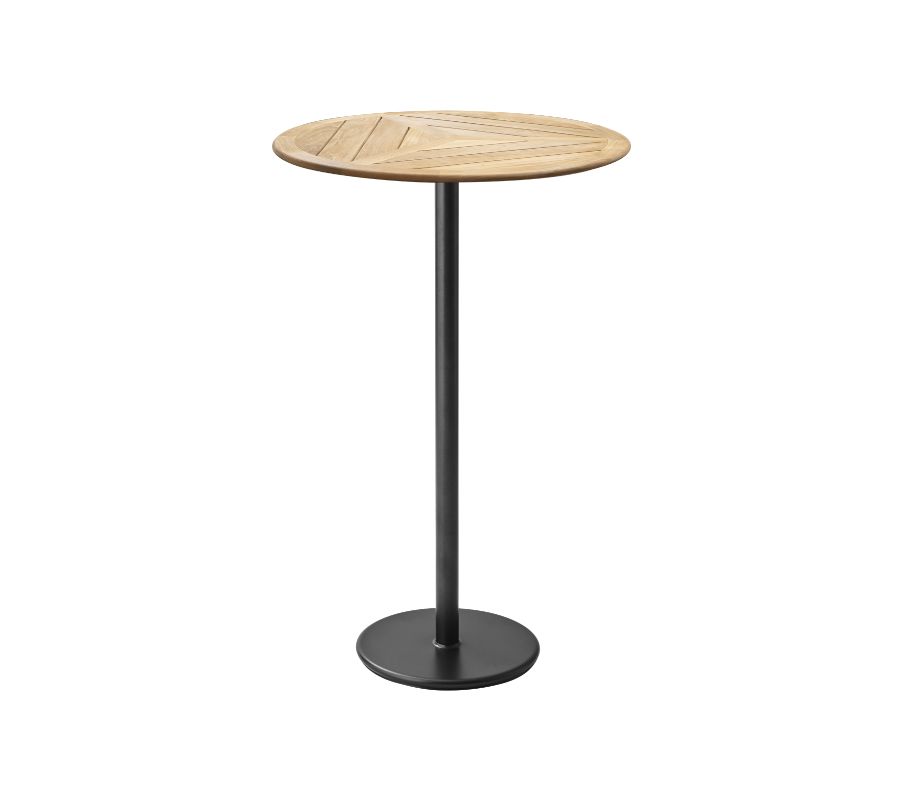 Mesa redonda de madera con una tapa de listones, sustentada por una base de metal negro elegante. Ideal para cenas informales o reuniones sociales.