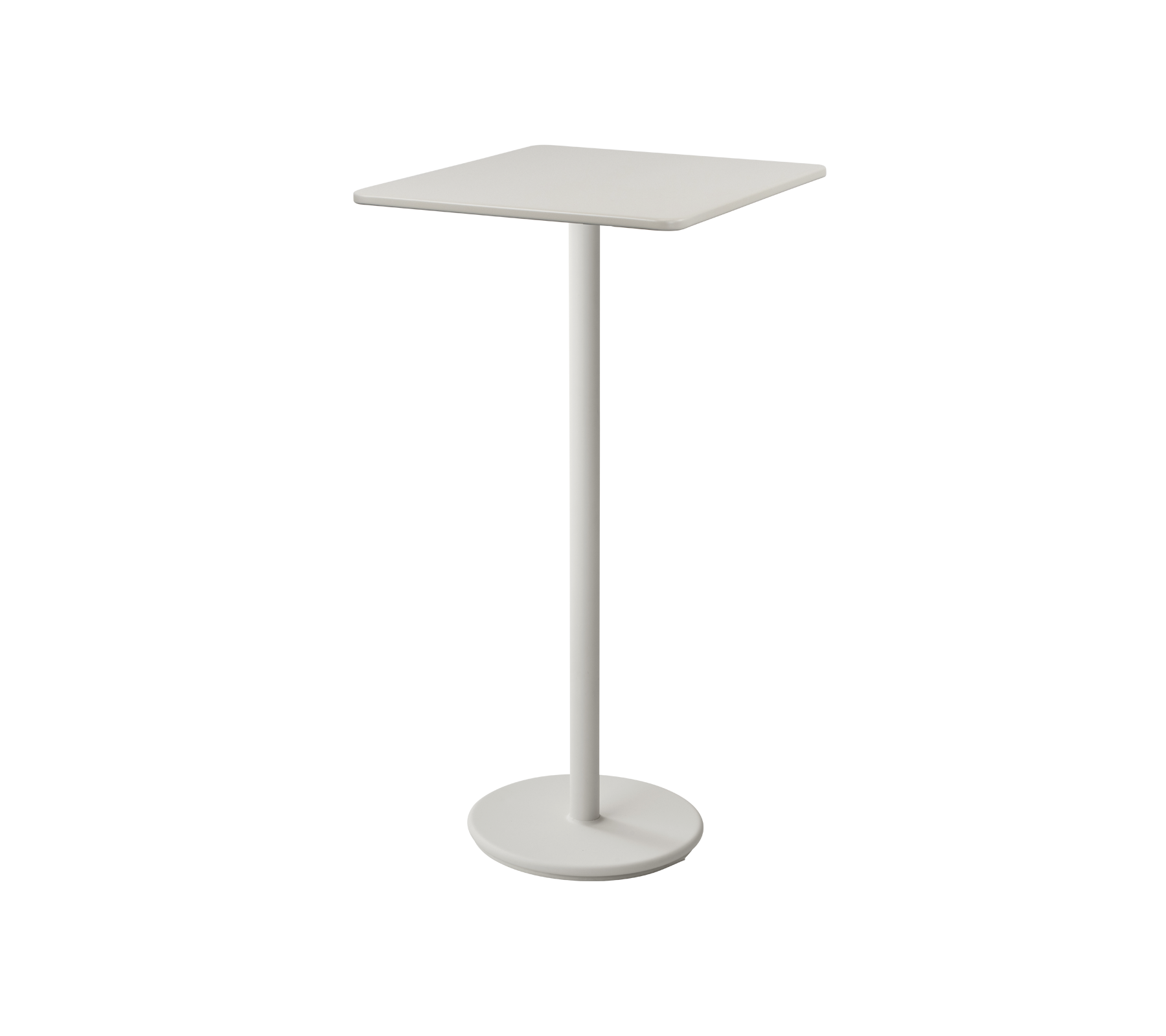 Mesa auxiliar blanca minimalista con una superficie cuadrada y una base de pedestal delgada, ideal para espacios pequeños o áreas de asientos informales.