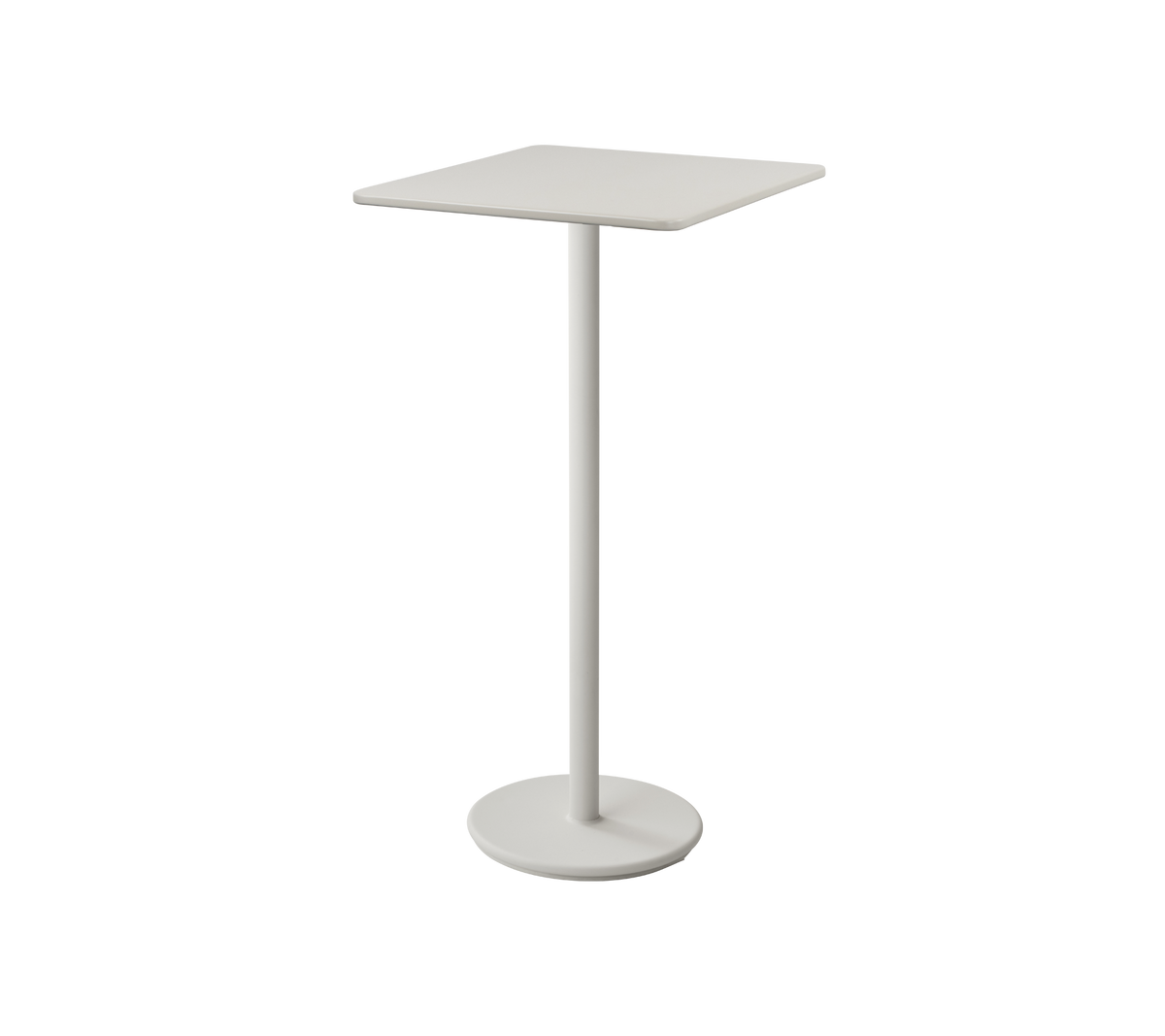 Mesa auxiliar blanca minimalista con una superficie cuadrada y una base de pedestal delgada, ideal para espacios pequeños o áreas de asientos informales.