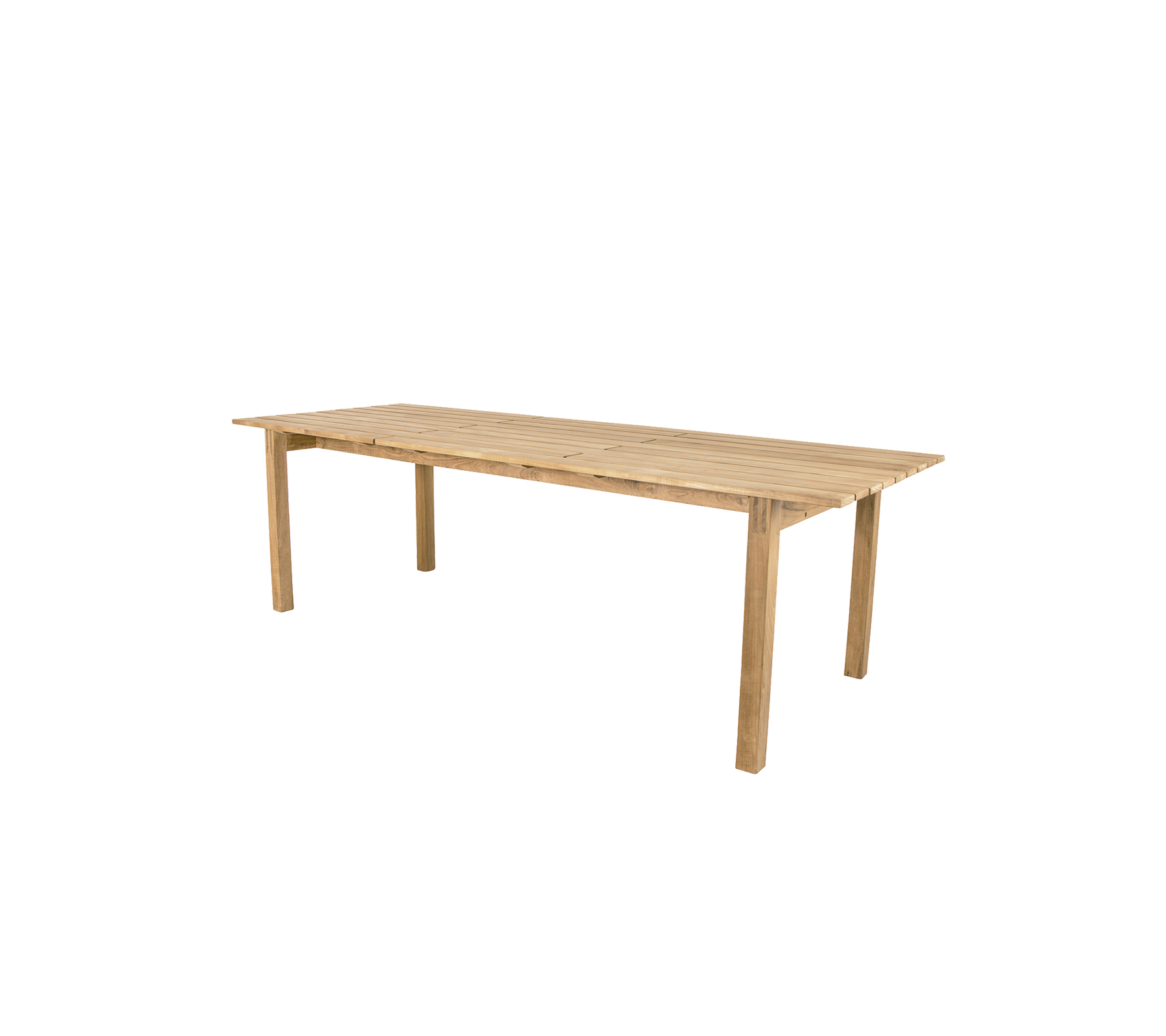 Mesa de madera con un acabado natural, que cuenta con cuatro patas robustas y una superficie rectangular espaciosa, adecuada para comer o como espacio de trabajo.