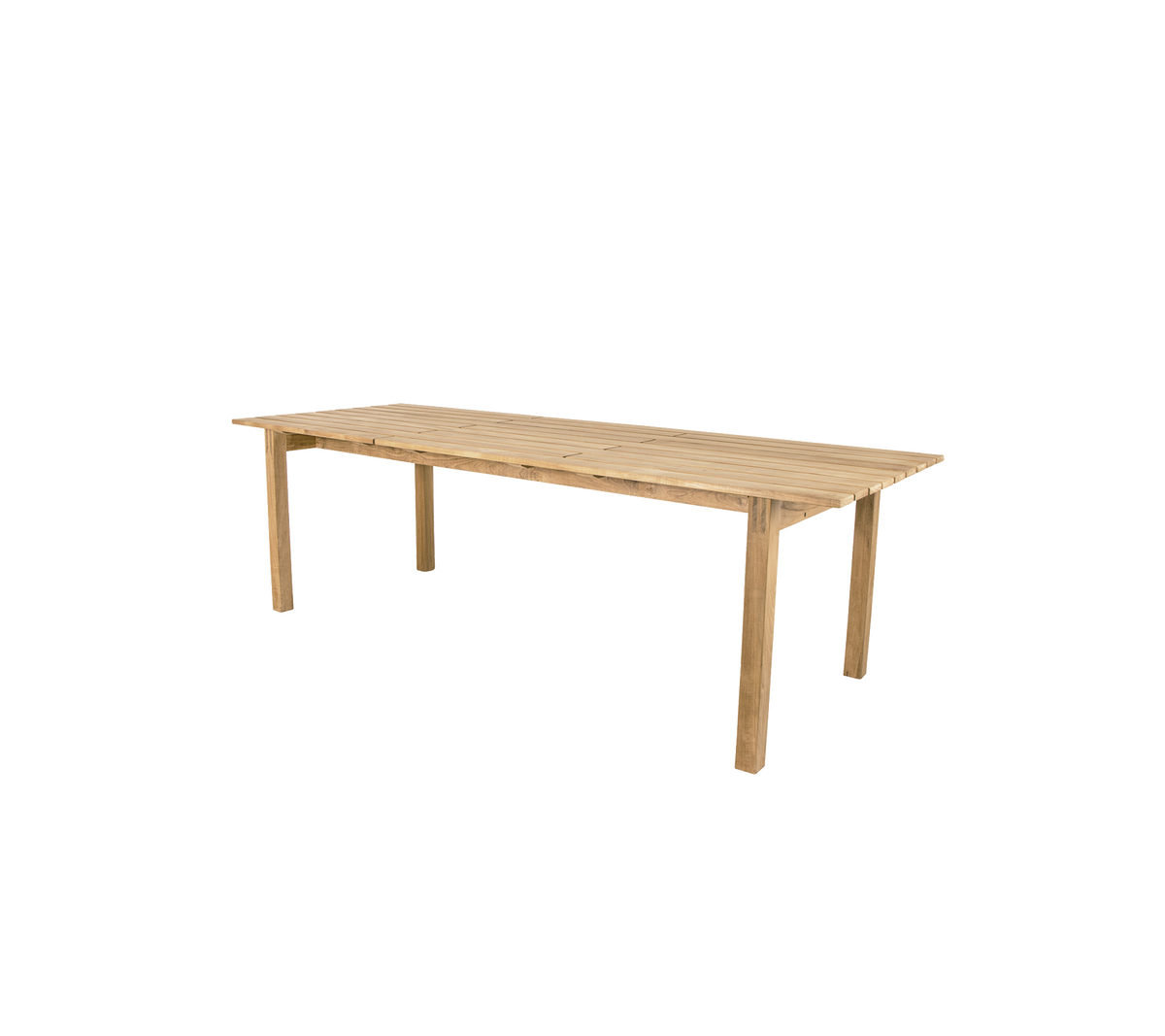 Mesa de madera con un acabado natural, que cuenta con cuatro patas robustas y una superficie rectangular espaciosa, adecuada para comer o como espacio de trabajo.