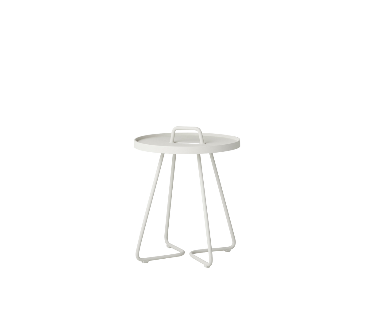 Mesa auxiliar circular moderna con un diseño minimalista y patas angulares robustas en un acabado blanco limpio.