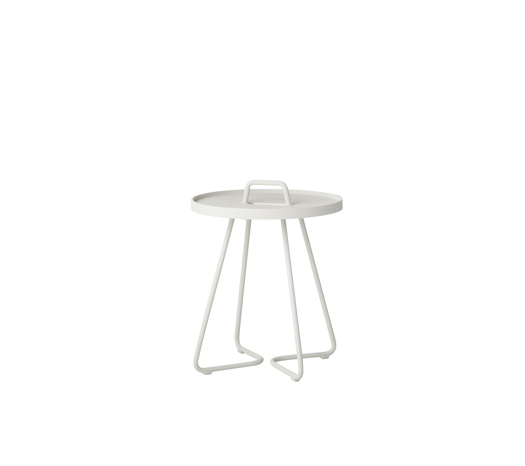 Mesa auxiliar circular moderna con un diseño minimalista y patas angulares robustas en un acabado blanco limpio.