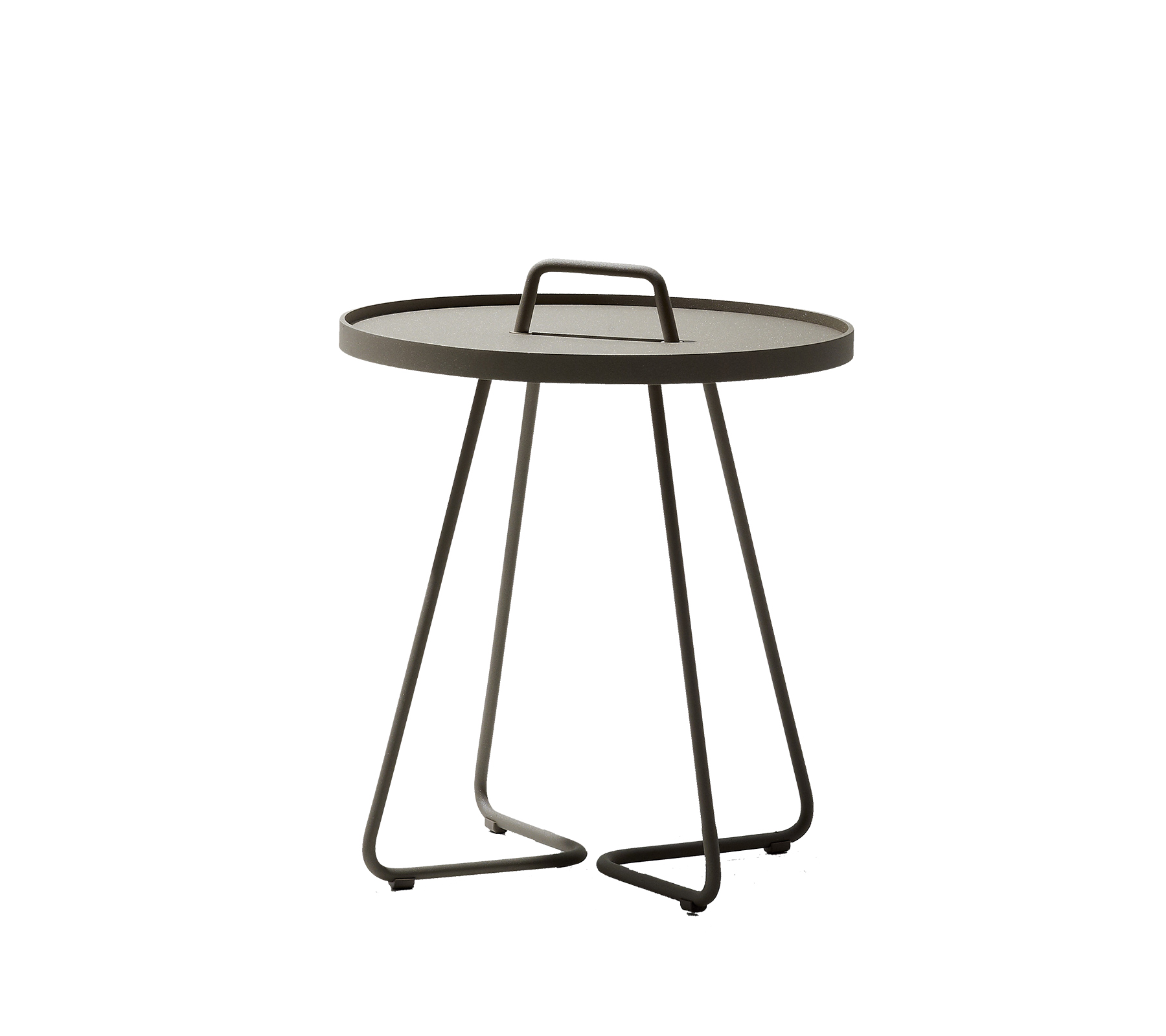 Mesa redonda con un diseño elegante, que cuenta con un asa de transporte y una base minimalista. Perfecta para cualquier entorno moderno.