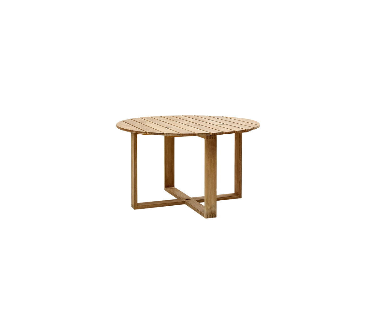 Mesa de café redonda de madera con superficie de listones y una base geométrica única, que exhibe un acabado natural y un diseño contemporáneo.