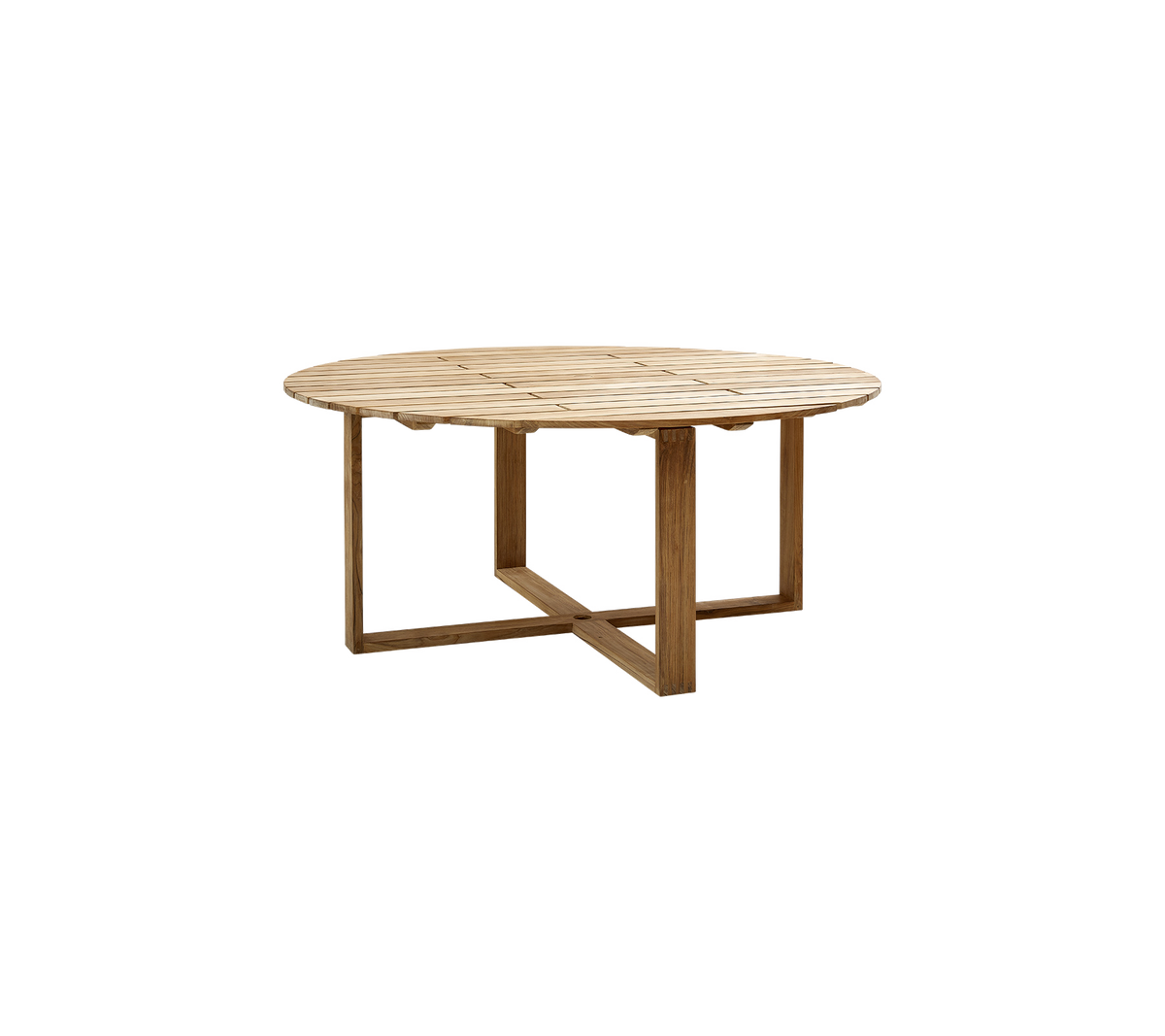 Mesa redonda de madera con un acabado natural y una base robusta en forma de cruz, diseñada para un uso versátil.