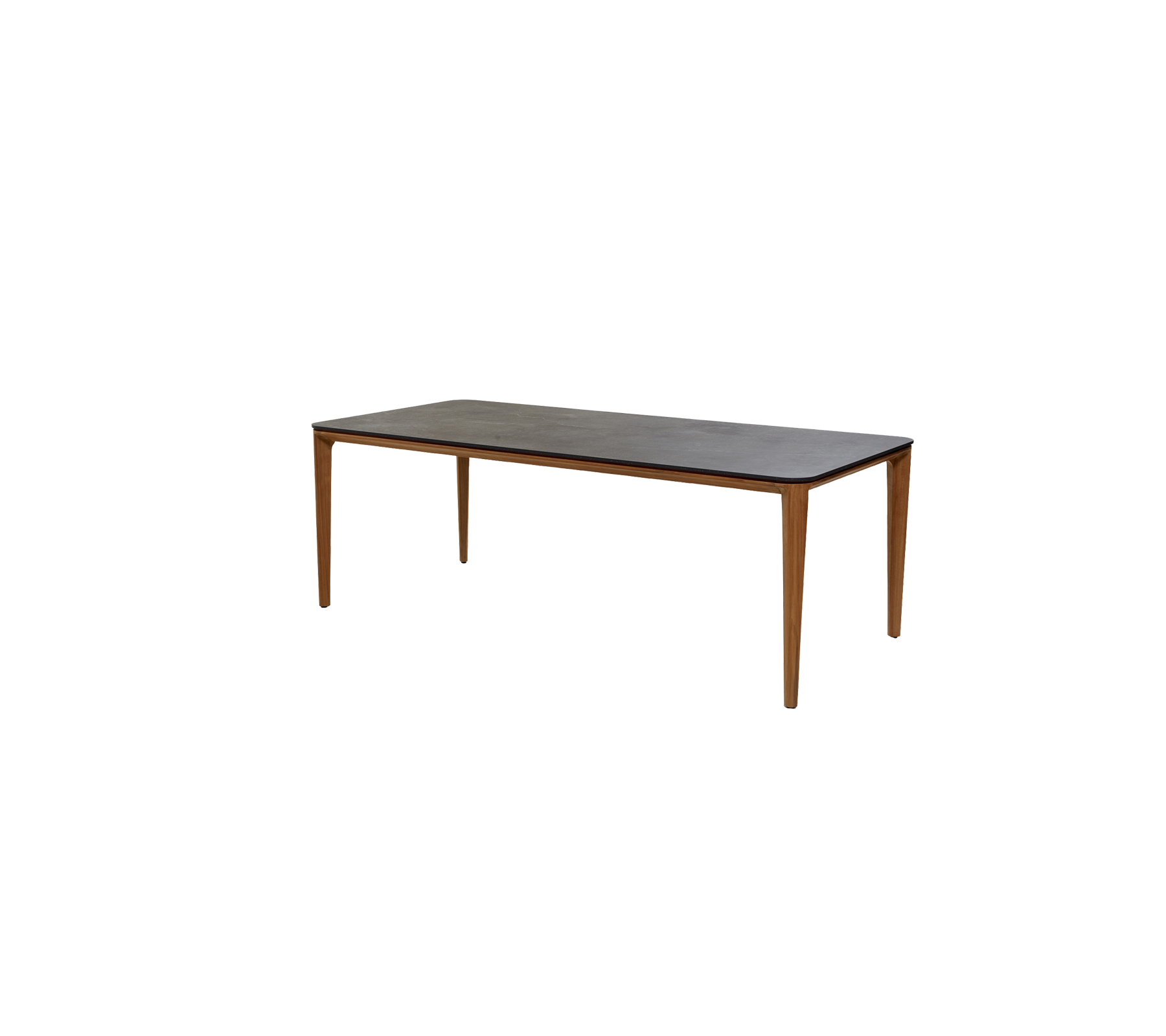 Mesa rectangular simple con una superficie oscura y patas de madera, adecuada para diversos entornos y usos.