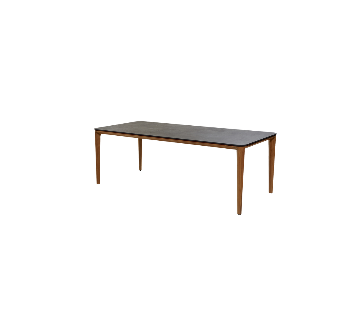 Mesa rectangular simple con una superficie oscura y patas de madera, adecuada para diversos entornos y usos.