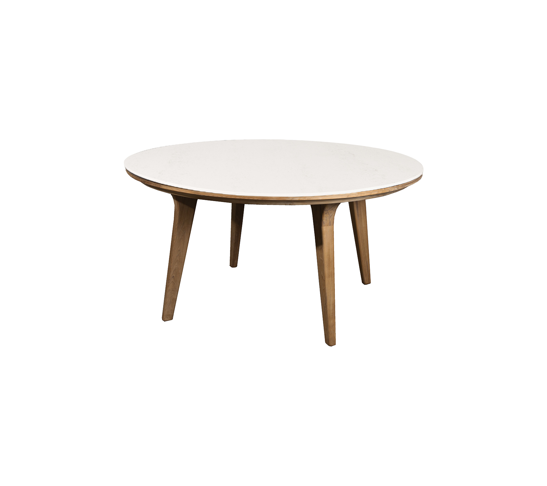 Mesa redonda con una superficie blanca lisa y patas de madera, ideal para cenar o reuniones informales. Diseño elegante y contemporáneo.