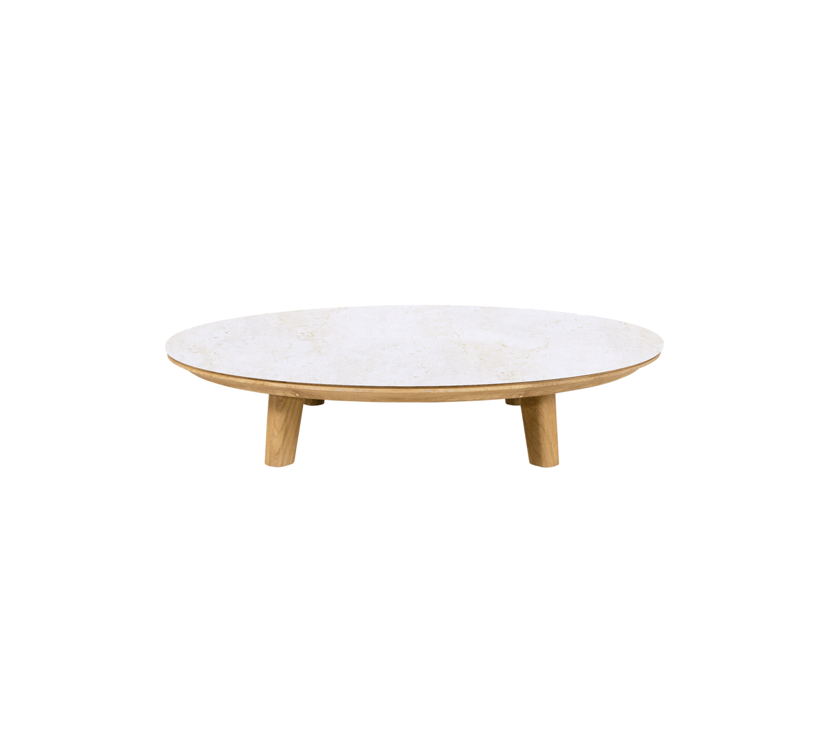 Mesa redonda de travertino con patas de teca.