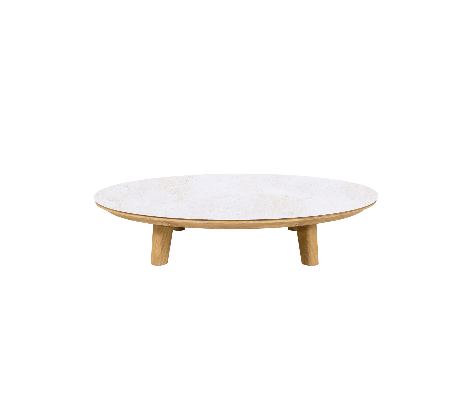 Mesa redonda de travertino con patas de teca.
