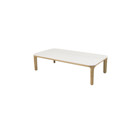 Mesa de café rectangular con una superficie blanca elegante y patas de madera natural, ideal para espacios de vida modernos.