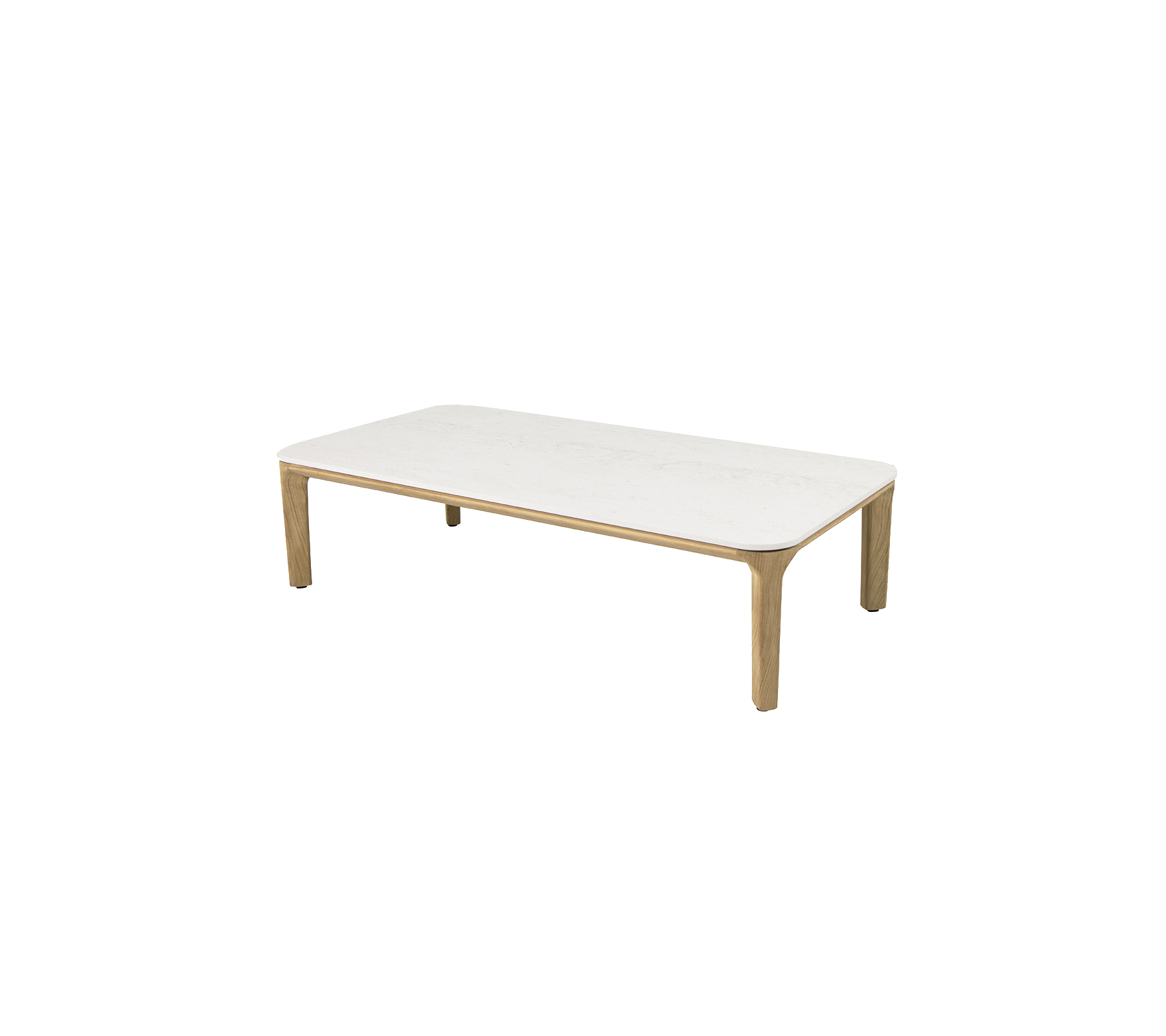 Mesa de café rectangular con una superficie blanca elegante y patas de madera natural, ideal para espacios de vida modernos.
