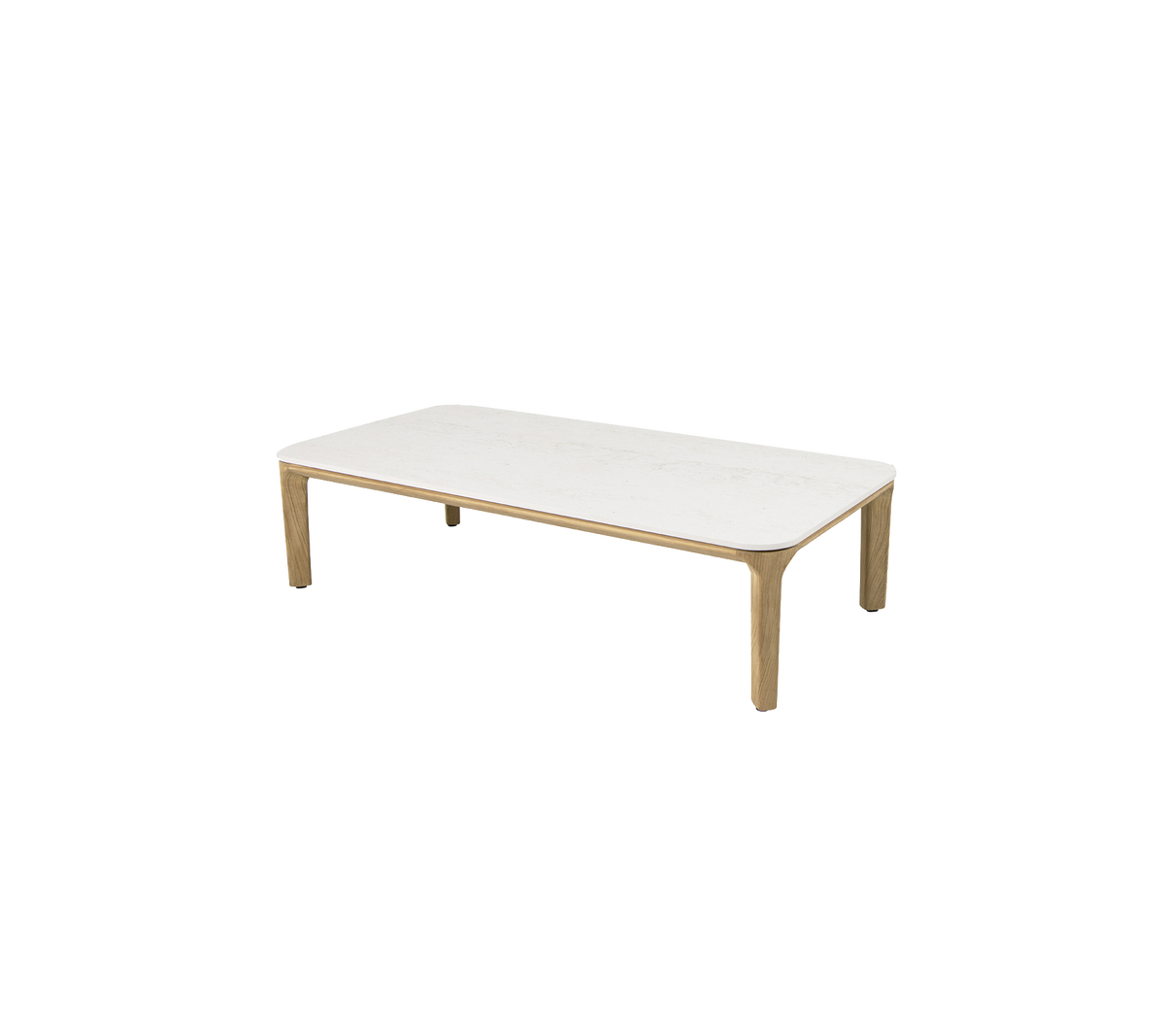 Mesa de café rectangular con una superficie blanca elegante y patas de madera natural, ideal para espacios de vida modernos.