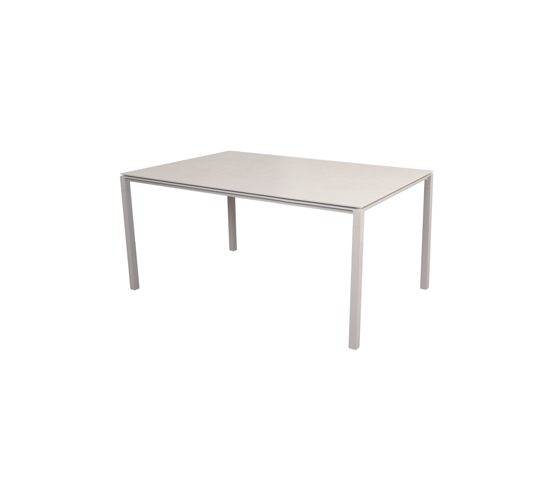 Mesa rectangular con una superficie lisa y de color claro y cuatro patas robustas, ideal para varios usos.