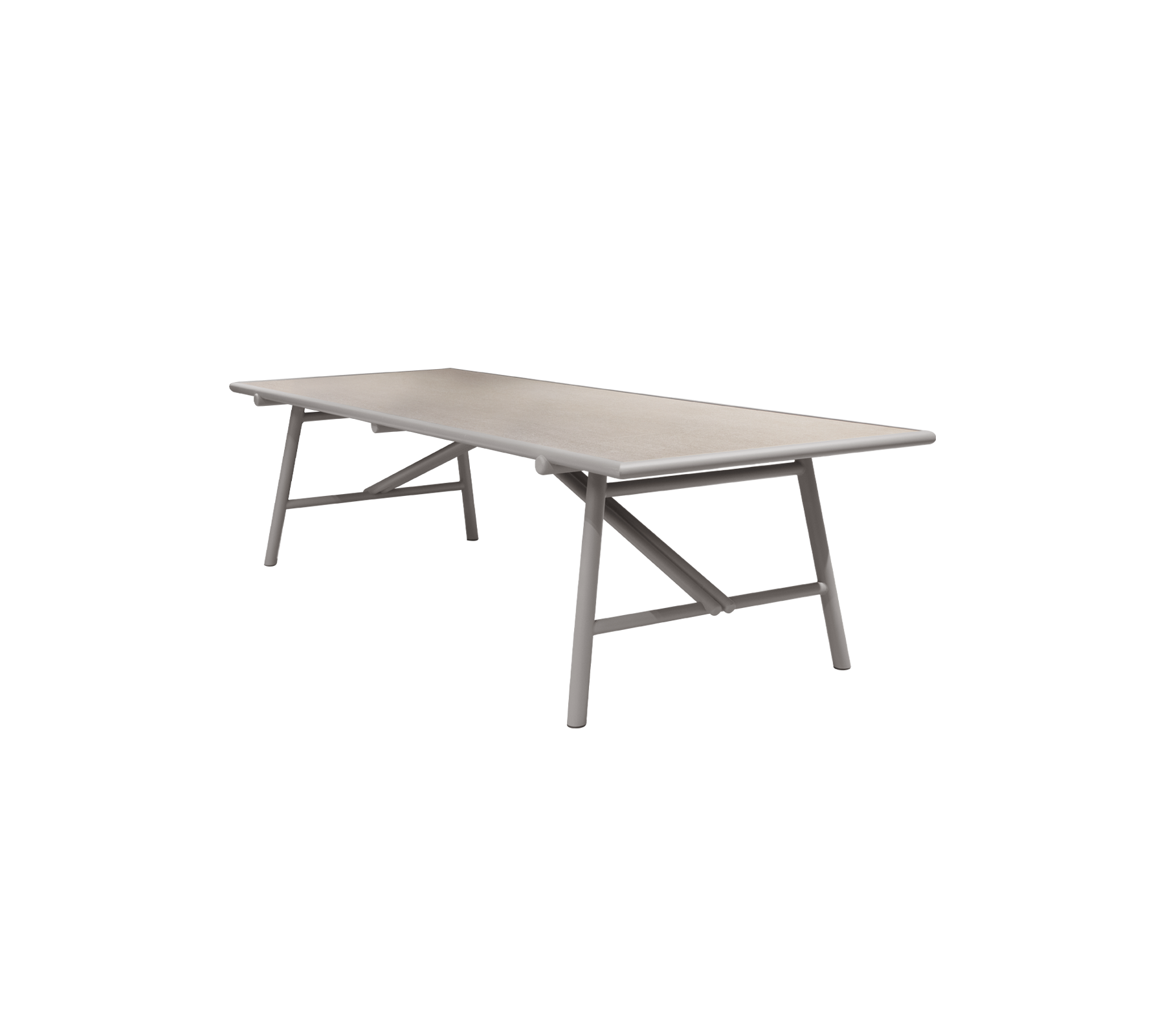 Mesa rectangular con una superficie lisa y patas resistentes, adecuada para diversos entornos y actividades.