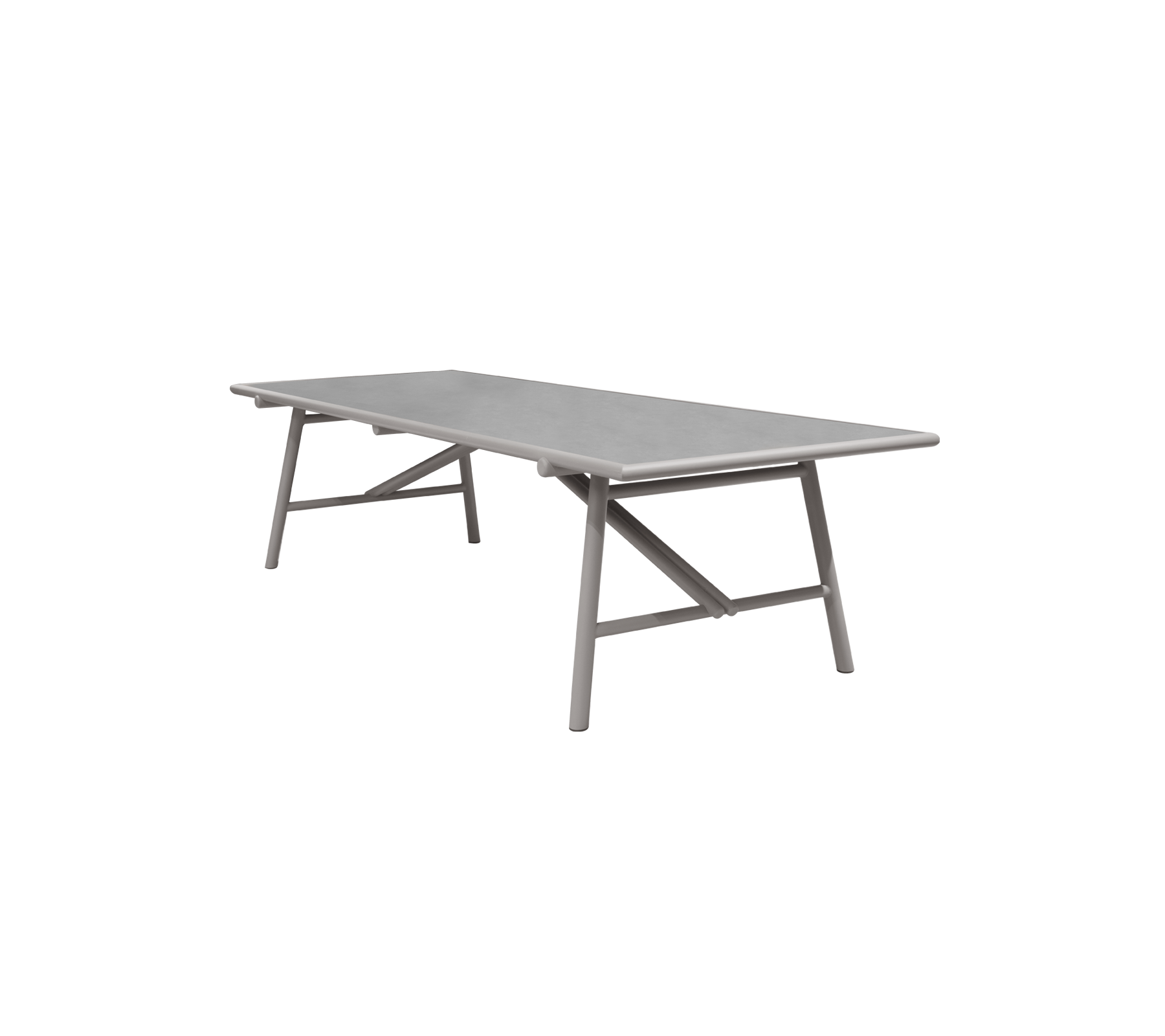 Mesa rectangular con una parte superior gris y un diseño de patas cruzadas robusto, ideal para diversos entornos y reuniones. Ligera y estética moderna.