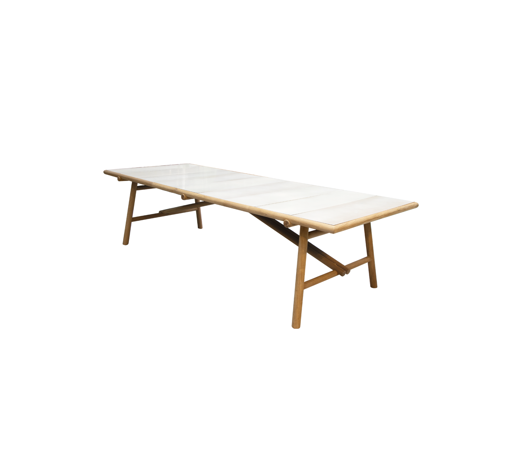 Una larga mesa elegante con una parte superior de color claro y patas de madera, diseñada para versatilidad y estilo en diversos entornos.