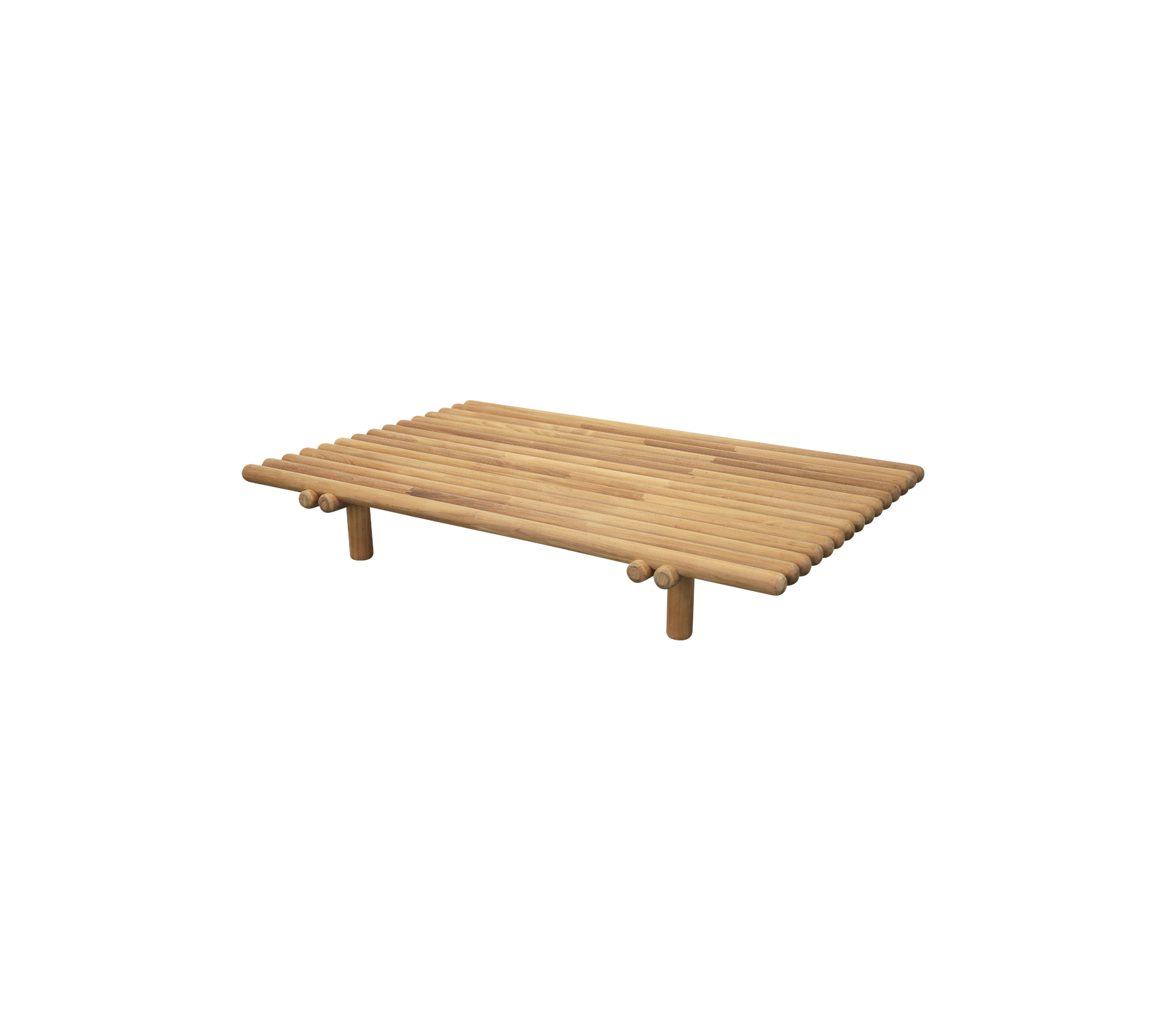 Mesa de listones de madera con cuatro patas, con un diseño minimalista y un acabado natural, adecuada para varios estilos decorativos.