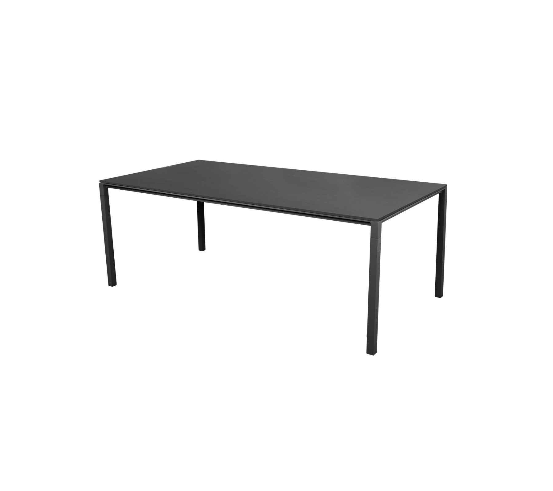 Una mesa negra elegante con un diseño minimalista que cuenta con cuatro patas rectas. Adecuada para diferentes entornos y propósitos.