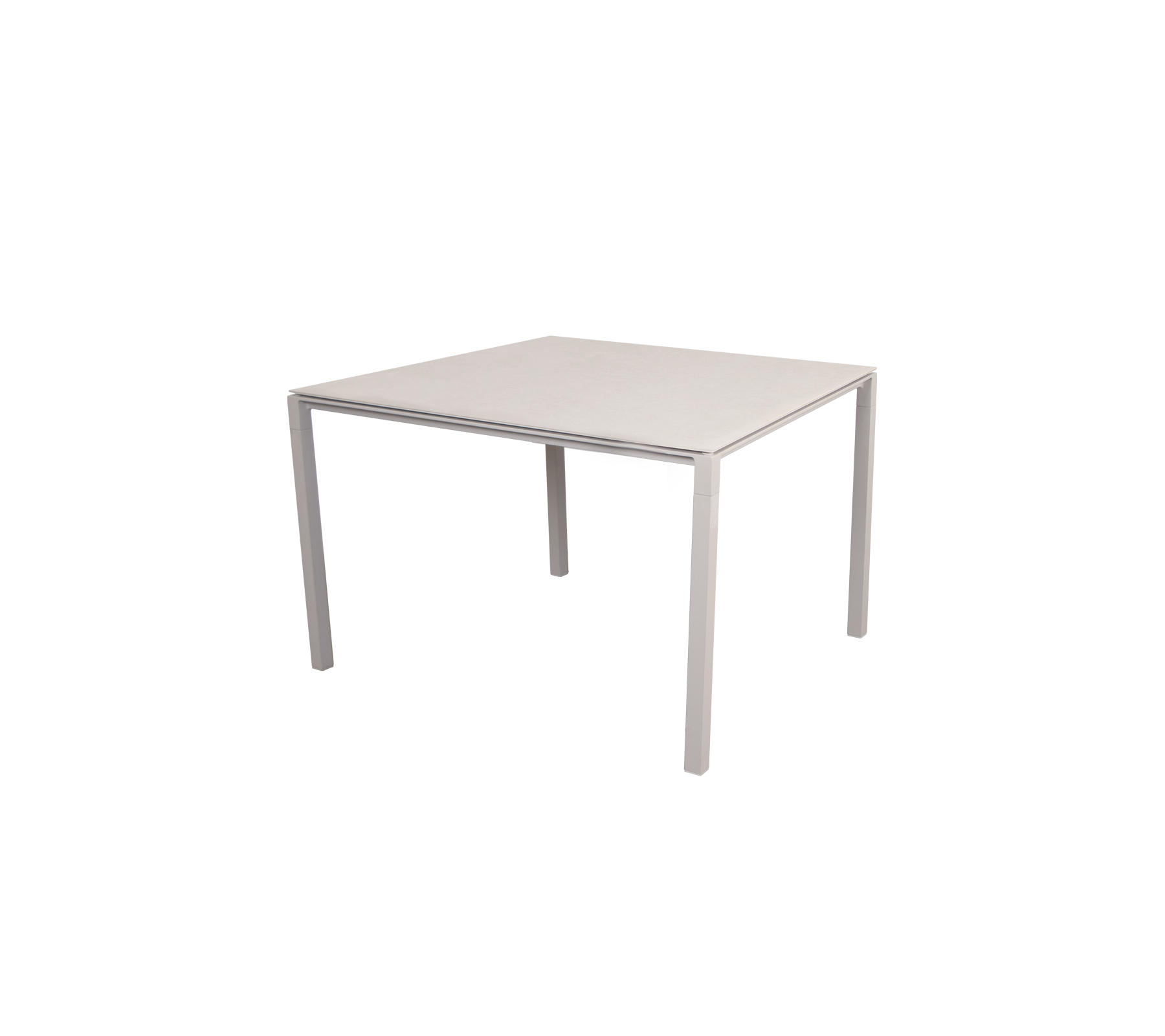 Mesa cuadrada con un diseño elegante y minimalista, que cuenta con una superficie plana y cuatro patas robustas, adecuada para diversos entornos.