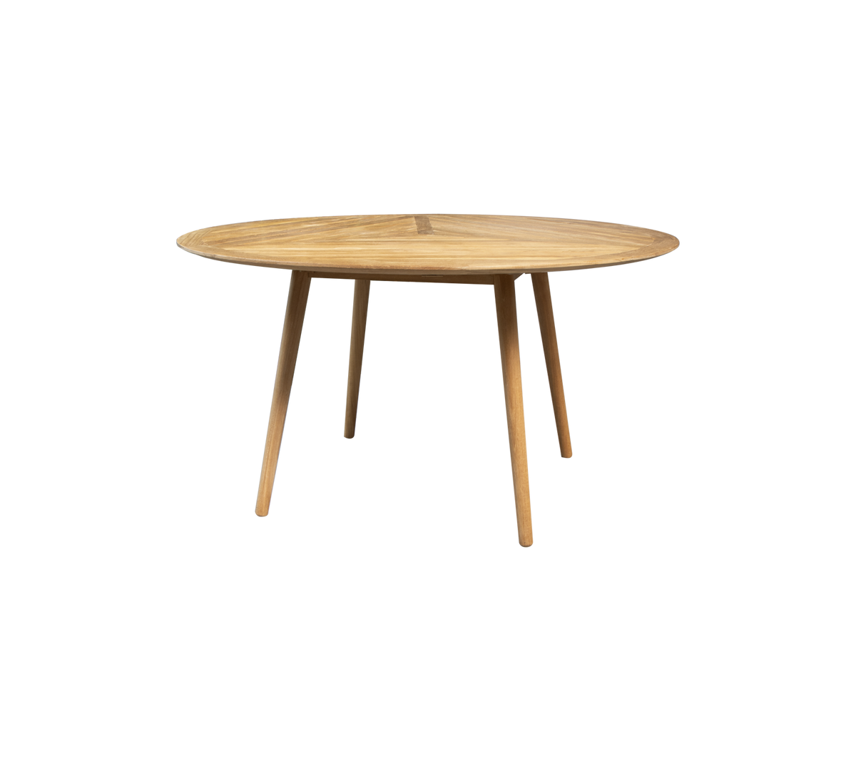 Mesa redonda de madera con una superficie lisa y patas esbeltas, diseñada para una comida o un espacio de trabajo elegante y funcional.
