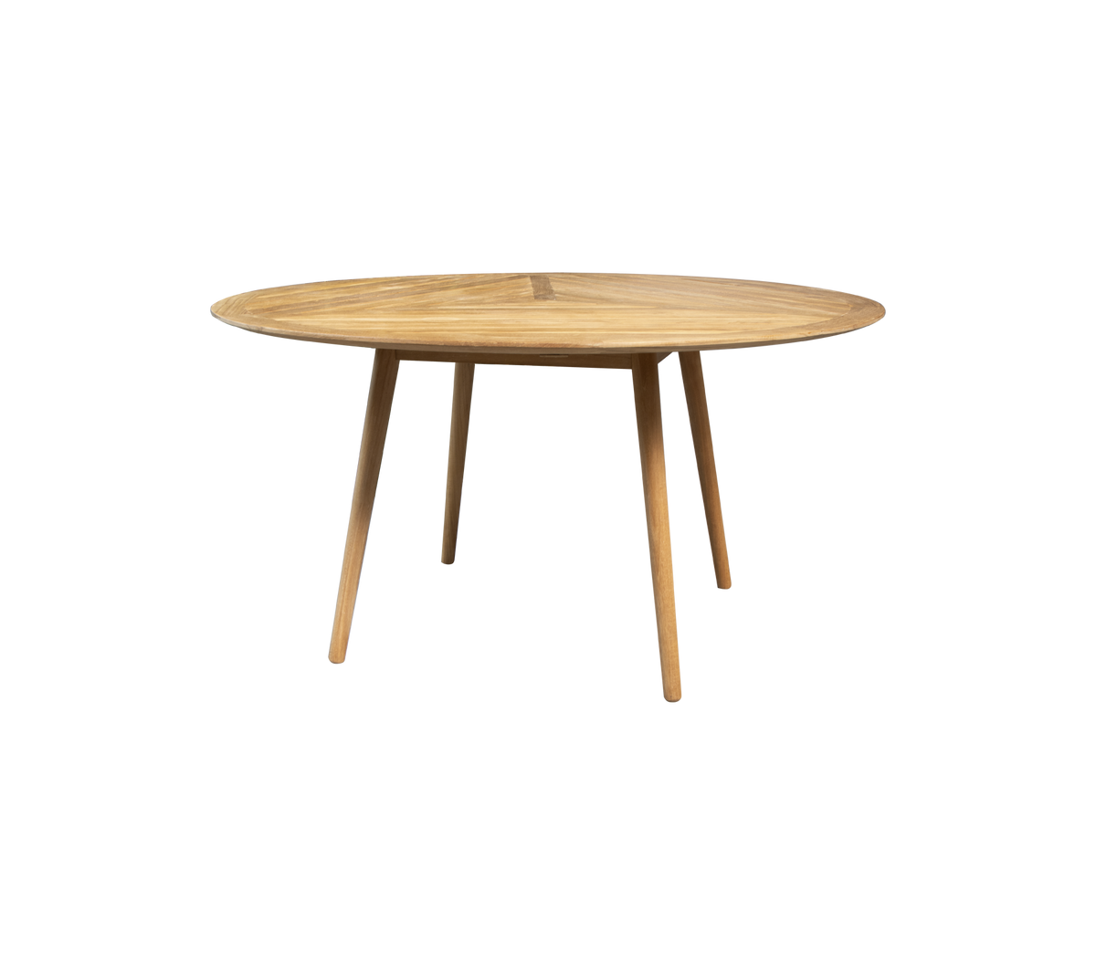Mesa redonda de madera con una superficie lisa y cuatro patas cónicas, diseñada para arreglos versátiles de comedor o espacio de trabajo.