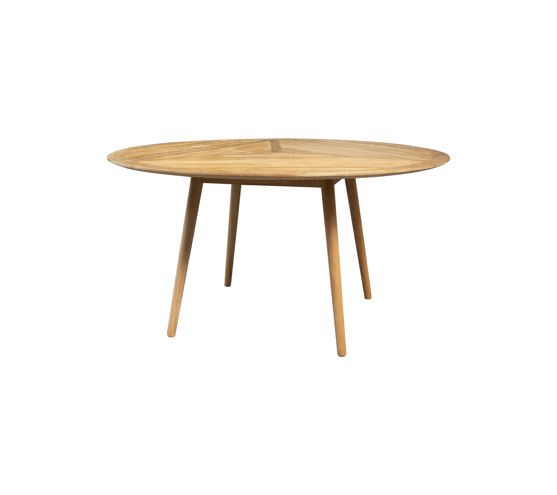 Mesa redonda de madera con una superficie lisa y cuatro patas cónicas, diseñada para arreglos versátiles de comedor o espacio de trabajo.