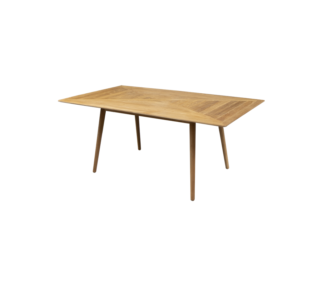 Mesa de madera rectangular con un acabado claro y patas cónicas, perfecta para uso en comedores o espacios de trabajo. Diseño simple y moderno.