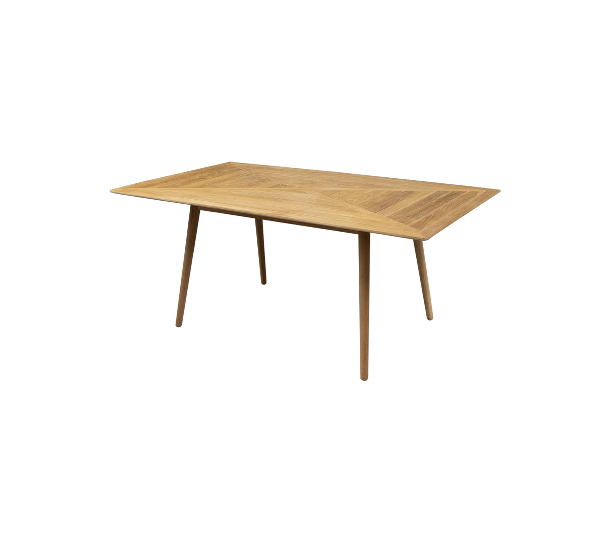 Mesa de madera rectangular con un acabado claro y patas cónicas, perfecta para uso en comedores o espacios de trabajo. Diseño simple y moderno.