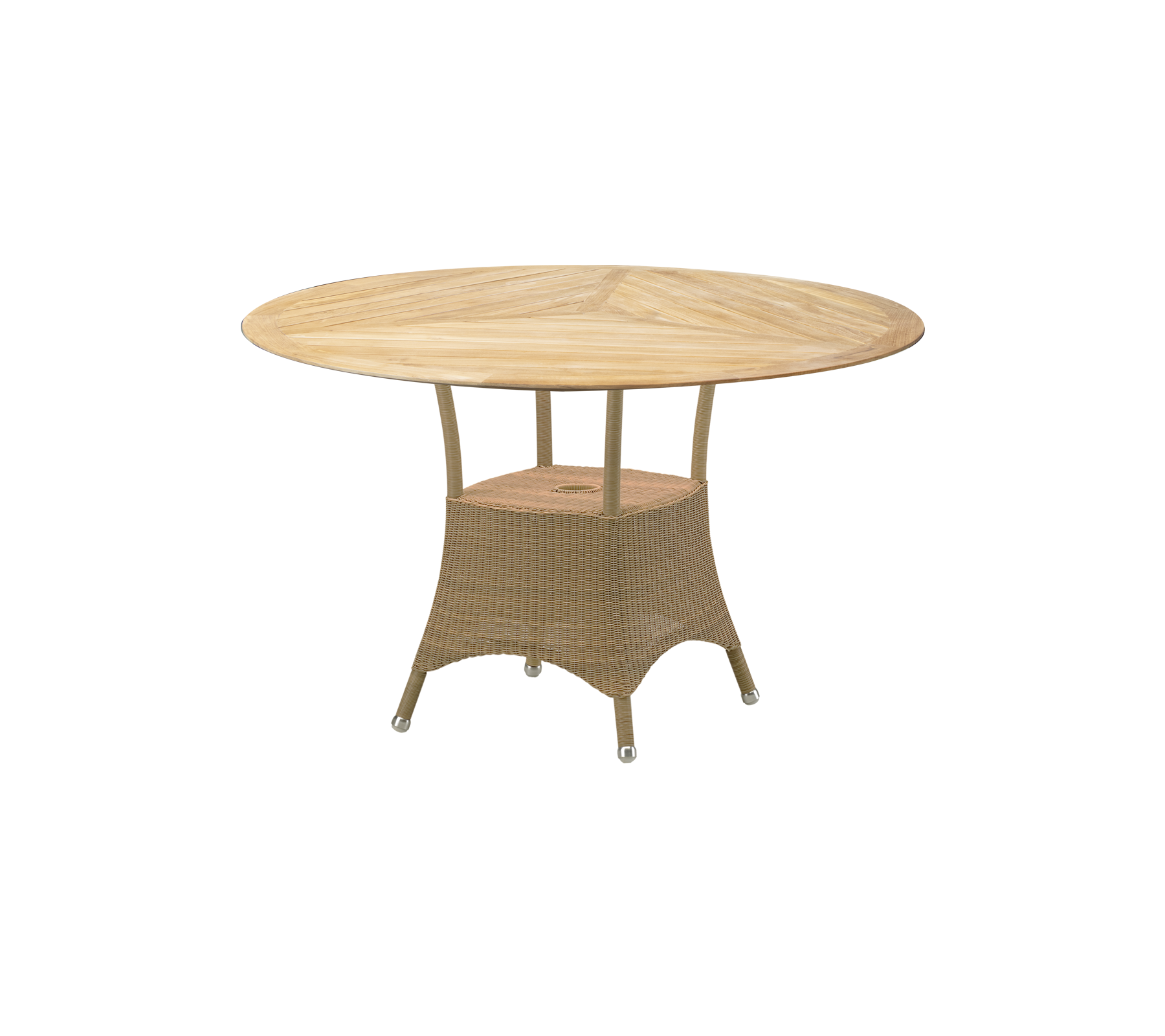Mesa redonda con una parte superior de madera y una base tejida, diseñada para entretenimiento y cenas al aire libre. Adecuada para reuniones animadas.