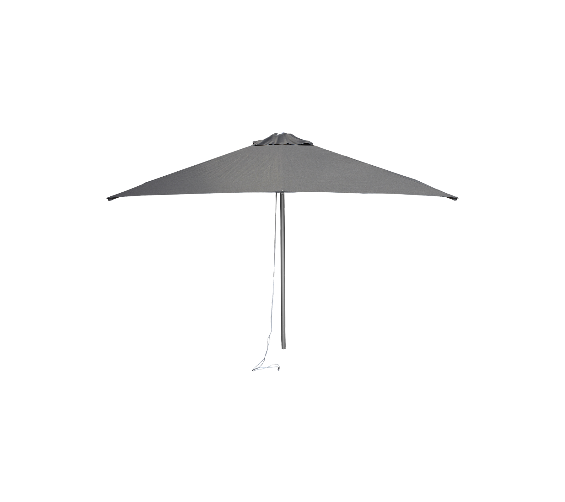 Un paraguas elegante y gris con un diseño de toldo triangular y un poste de soporte resistente, con un cordón de tiro para un fácil ajuste.