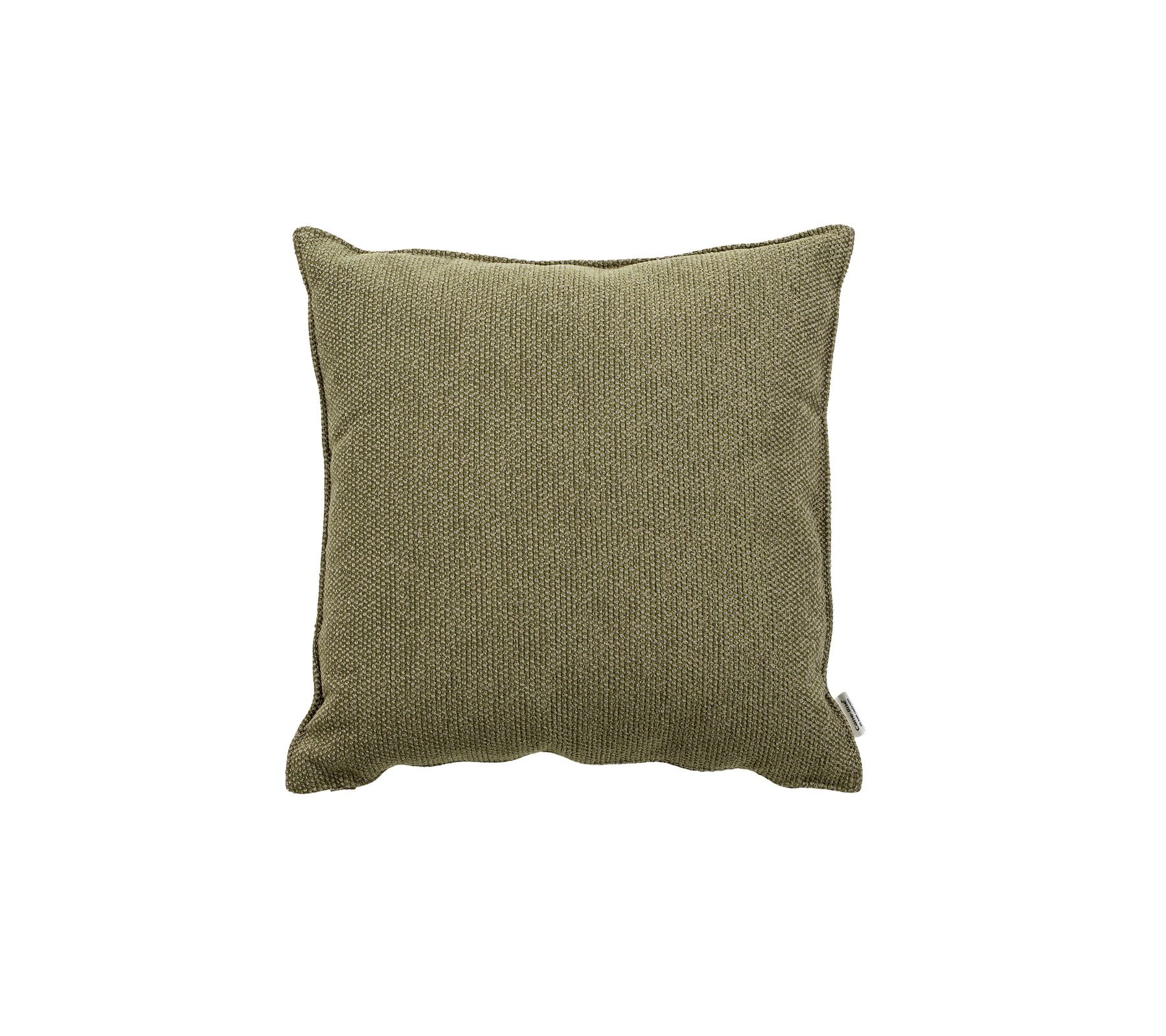 Cojín decorativo cuadrado en una tela verde oliva texturizada, que añade un toque de sutil elegancia a cualquier espacio.