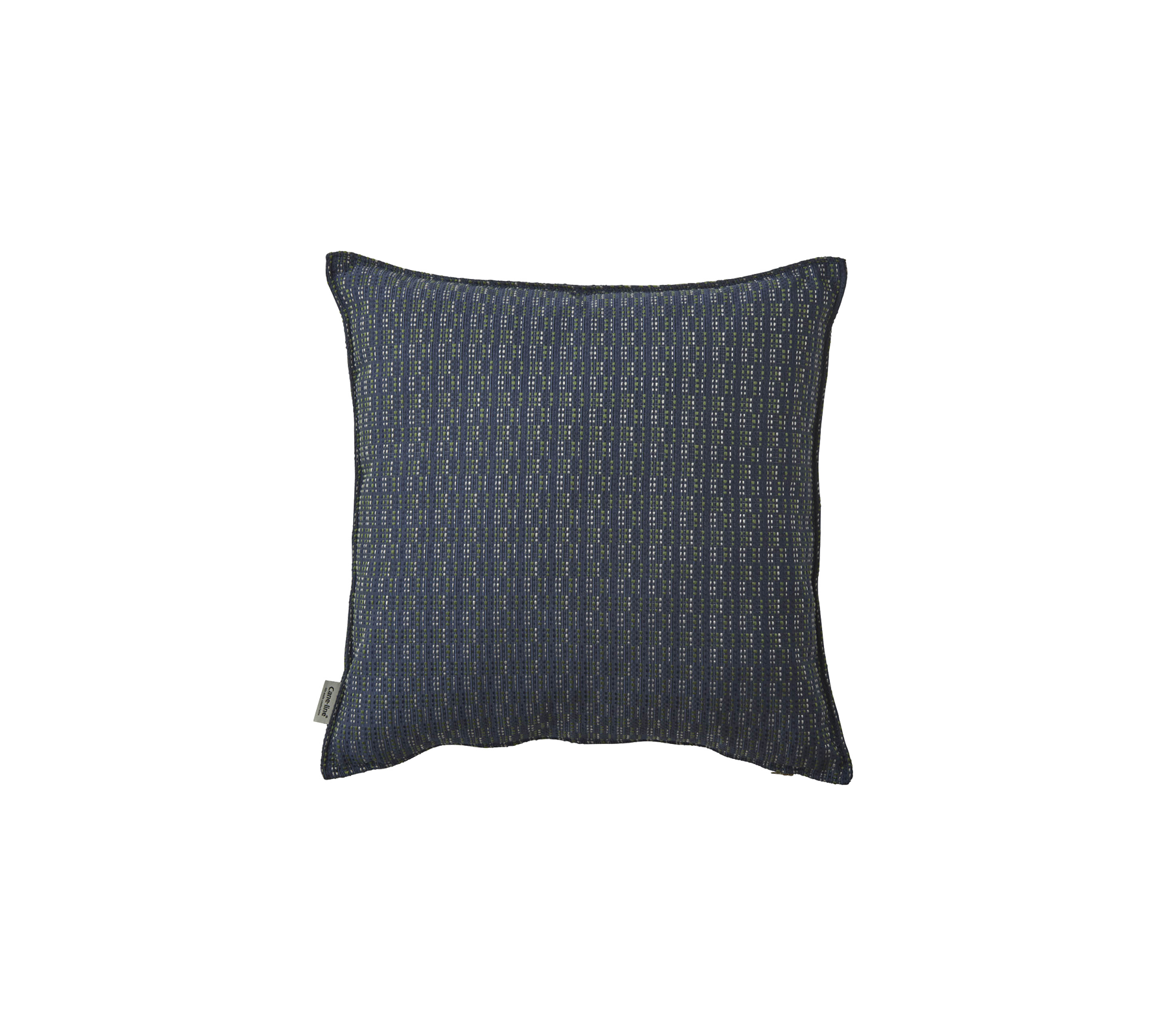 Cojín decorativo cuadrado oscuro con un patrón texturizado de líneas verticales y colores sutiles. Ideal para realzar la decoración del hogar.