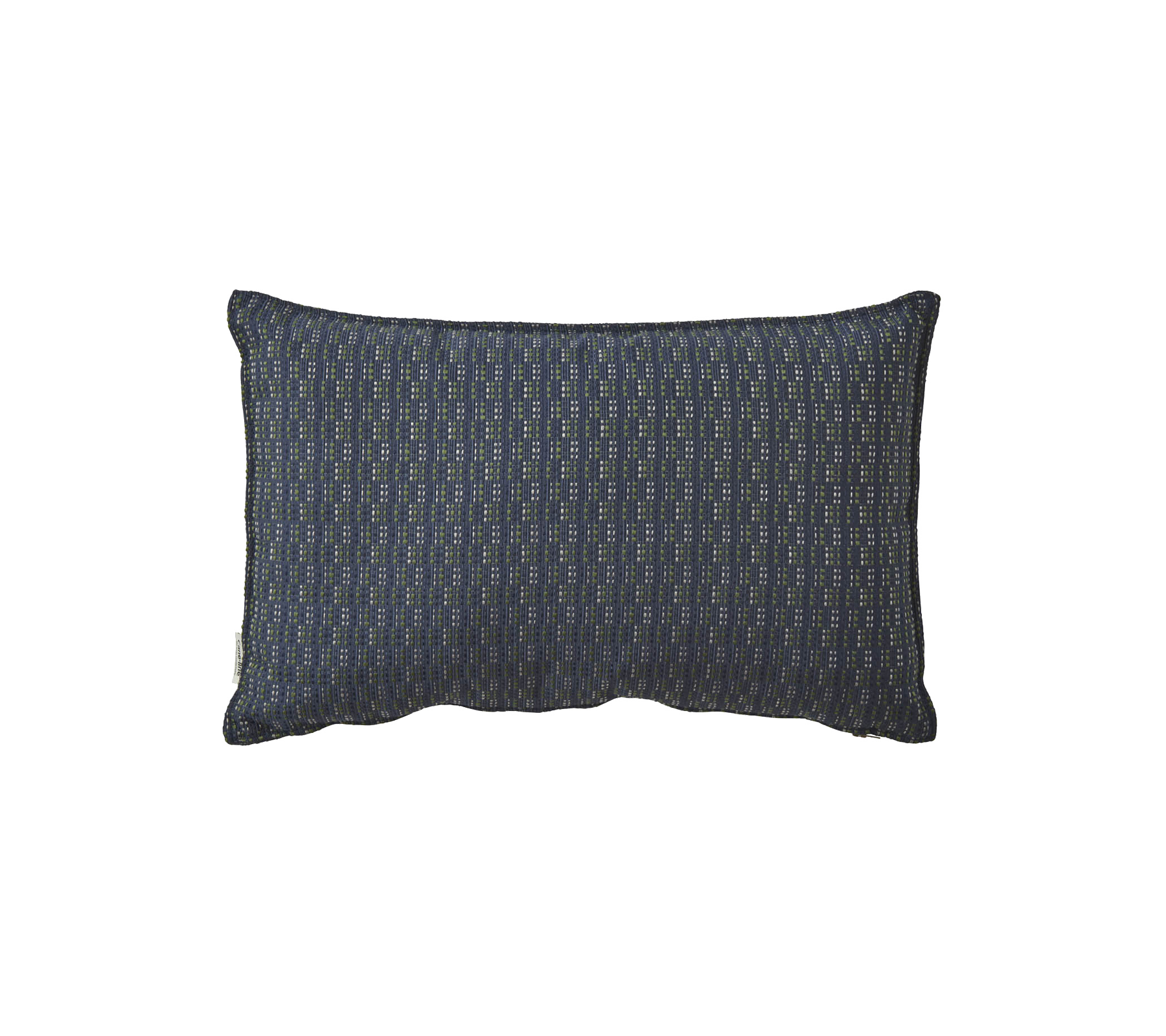 Cojín decorativo rectangular con una tela oscura texturizada y un patrón sutil. Ideal para añadir estilo a cualquier espacio.