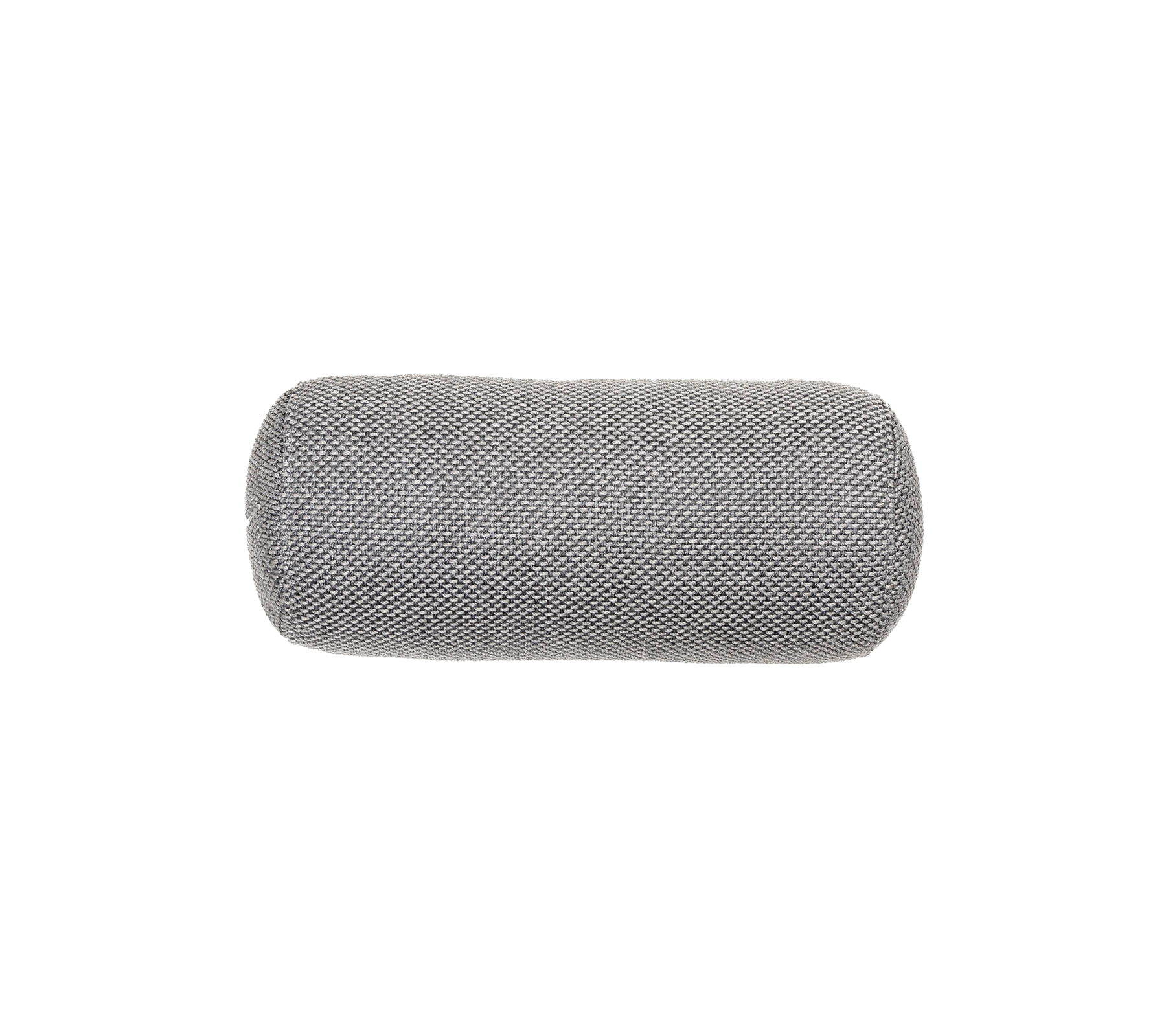 Cojín cilíndrico gris con una superficie texturizada, adecuado para soporte y comodidad.