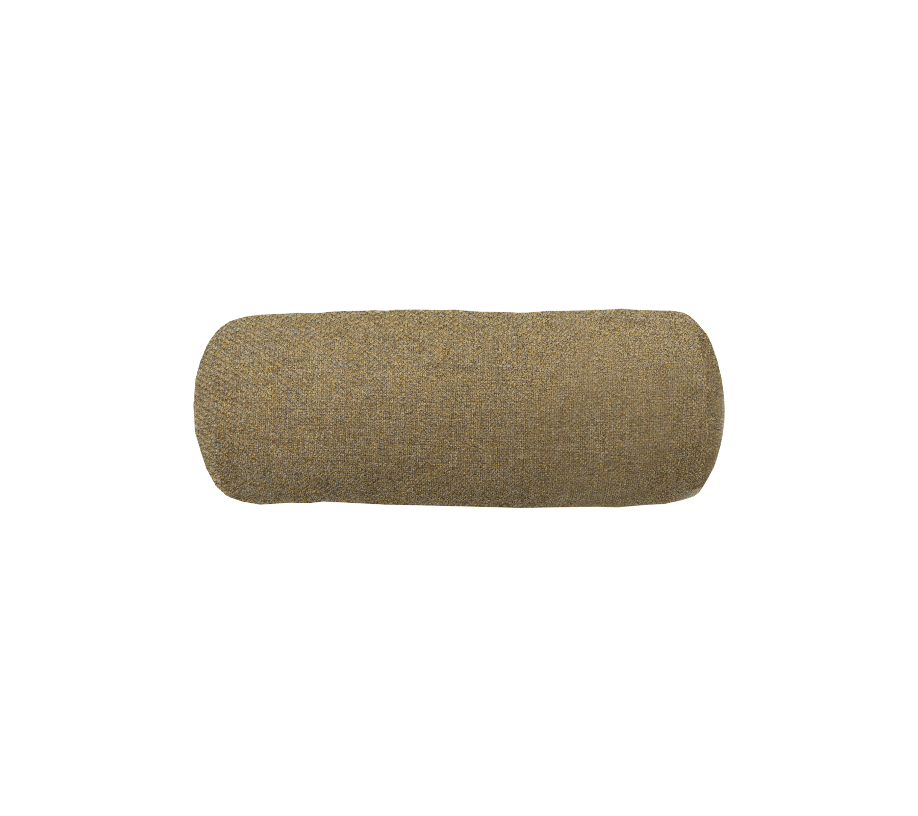 Un cojín cilíndrico cubierto con una tela texturizada en un marrón tenue.