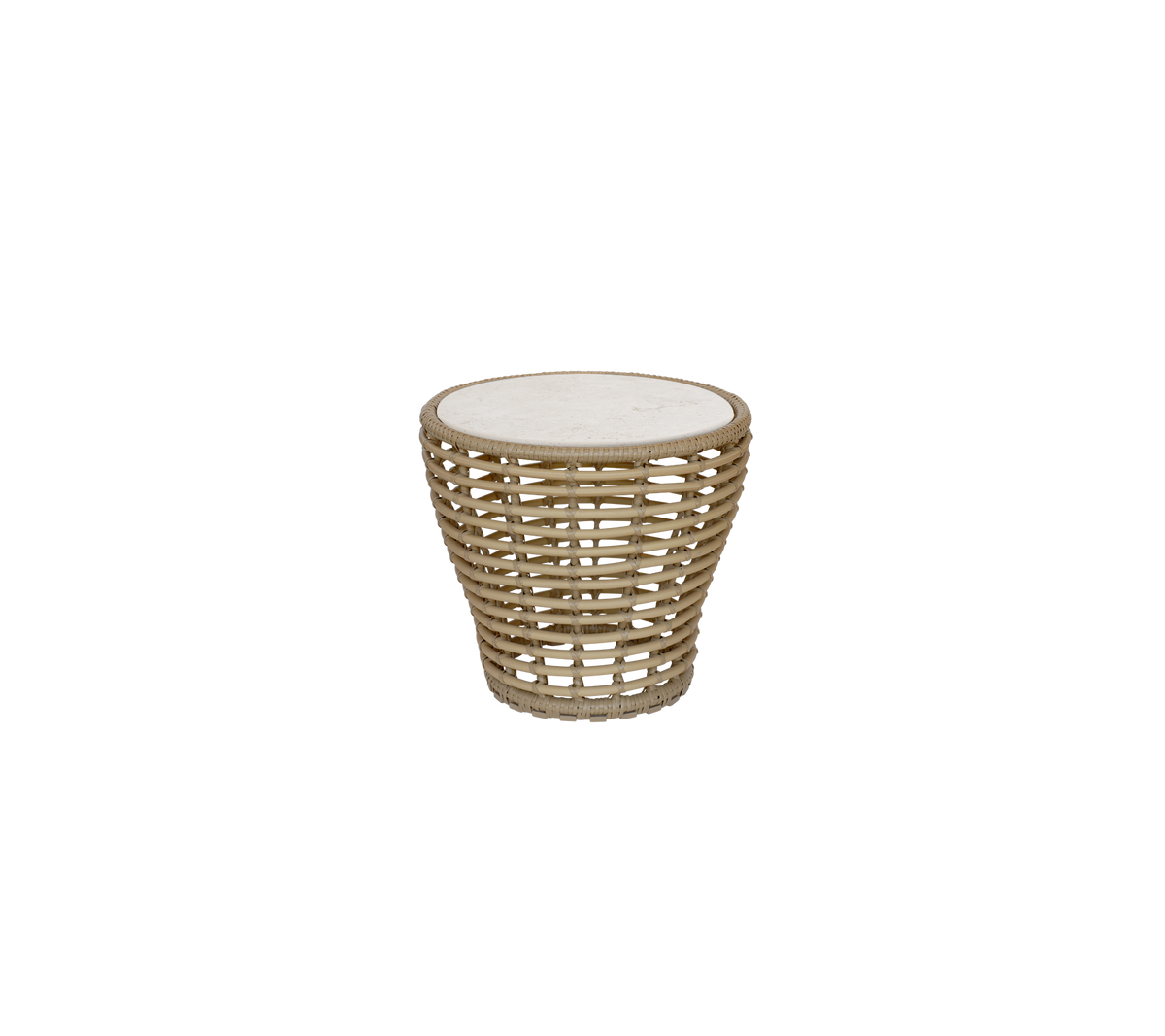Mesa natural con una parte superior redonda y un diseño trenzado.