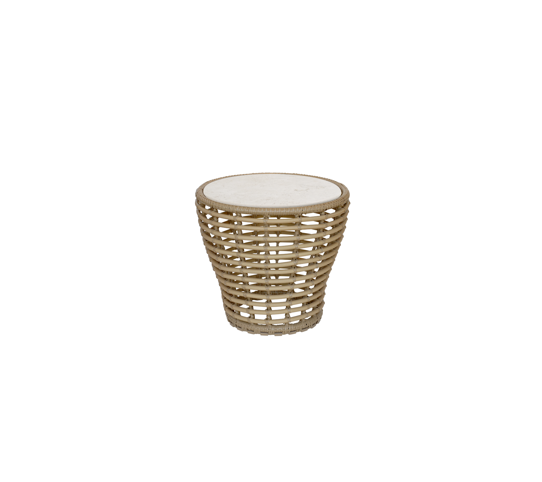 Mesa natural con una parte superior redonda y un diseño trenzado.