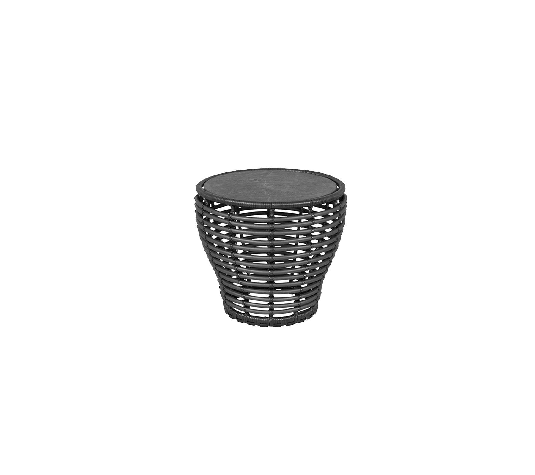 Mesa auxiliar tejida negra con una parte superior redonda, diseñada para la versatilidad en diversos entornos. Ideal para resaltar la decoración moderna.