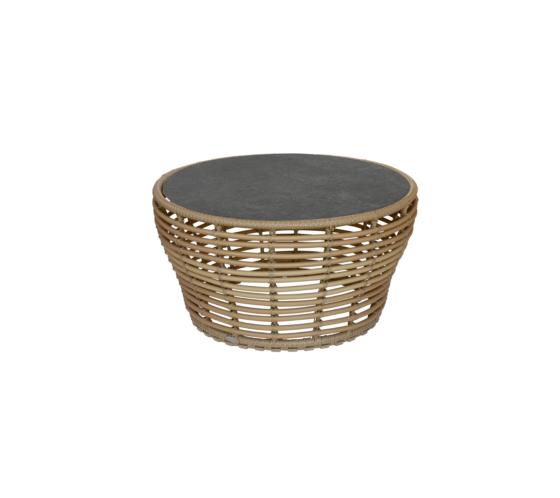 Mesa redonda con una tapa oscura y una base de material natural tejido, que añade un toque moderno a cualquier espacio.
