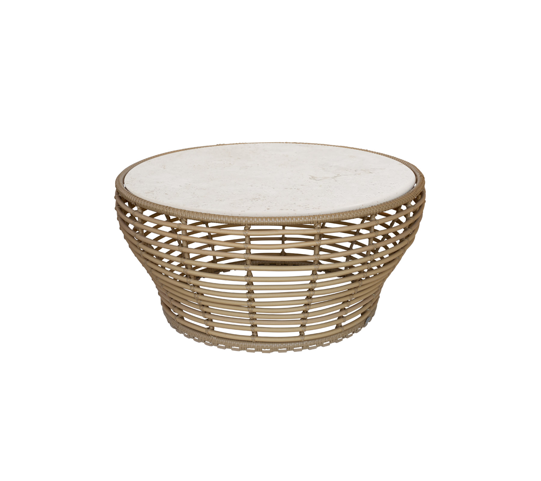 Mesa de café natural con tapa redonda y diseño tejido abierto.