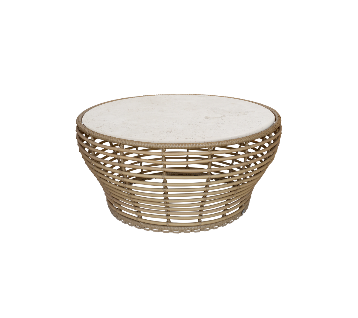 Mesa de café natural con tapa redonda y diseño tejido abierto.