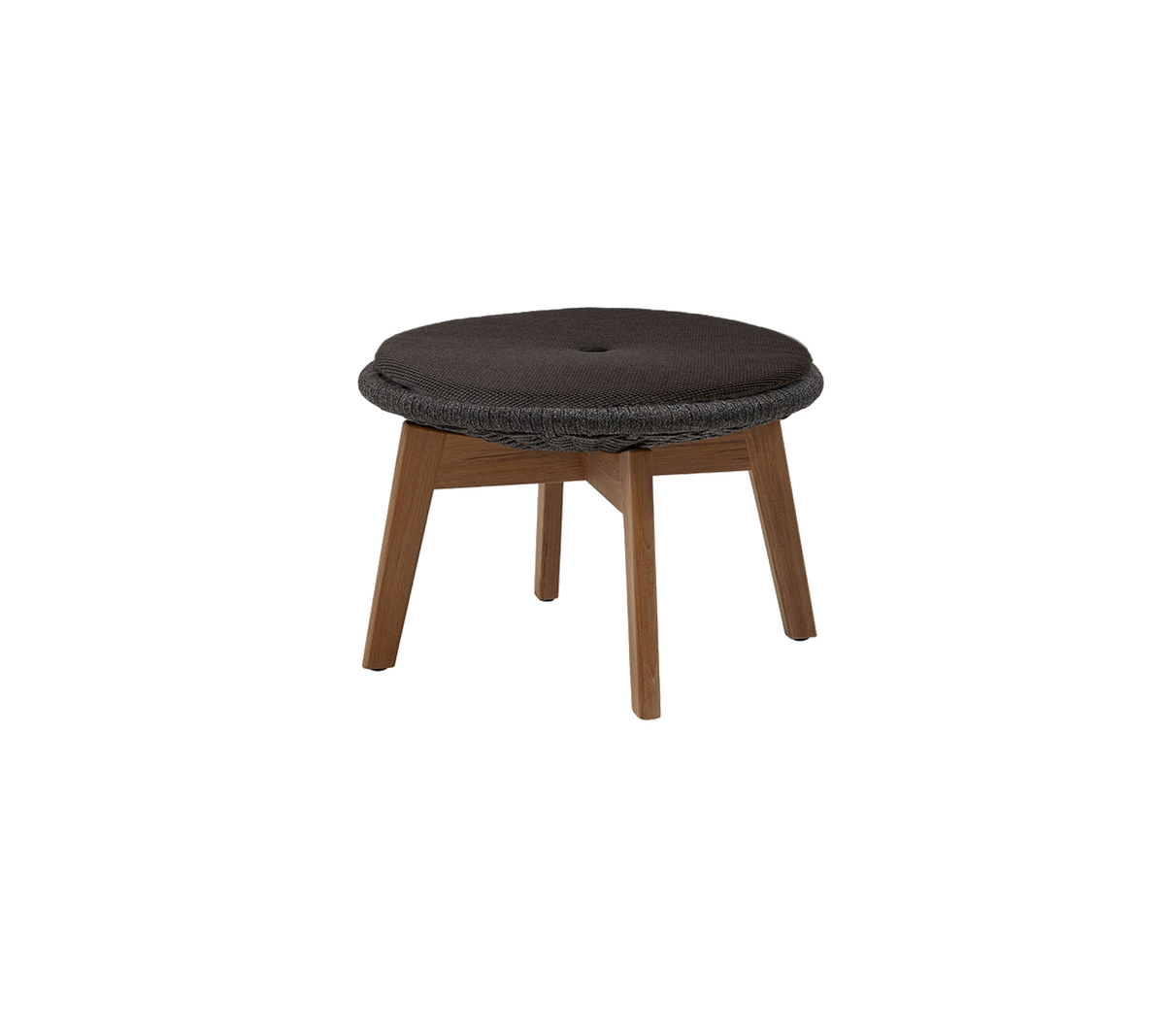 Taburete redondo acolchado con una superficie oscura y patas de madera, diseñado para la comodidad y el estilo. Ideal para arreglos de asientos versátiles.