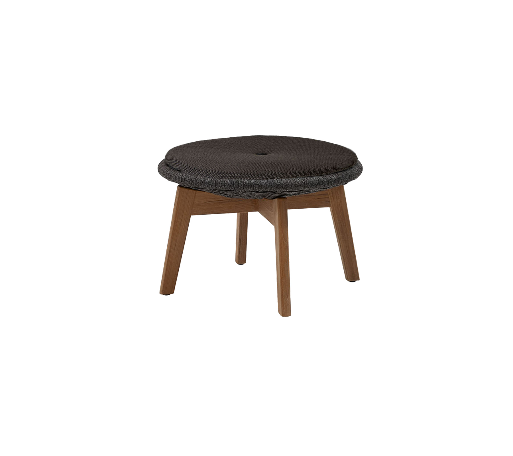 Taburete redondo acolchado con una superficie oscura y patas de madera, diseñado para la comodidad y el estilo. Ideal para arreglos de asientos versátiles.